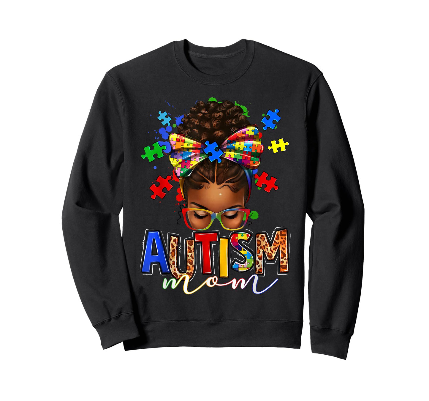Autism Mom Messy Bun Black Women Autism Awareness Puzzle T-Shirt