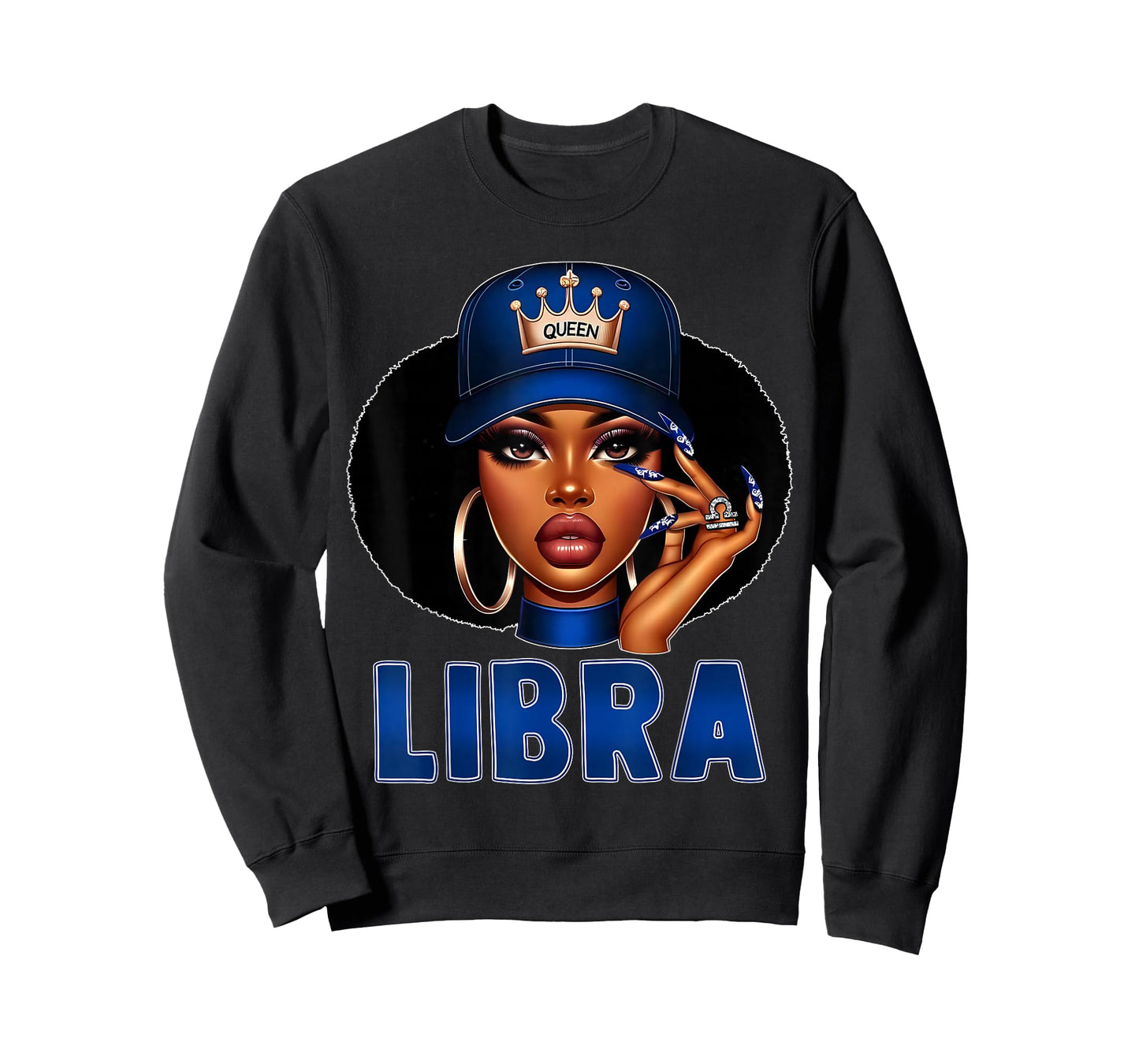 Libra Queen Black Woman with Cap Crown Afro Girl Zodiac T-Shirt