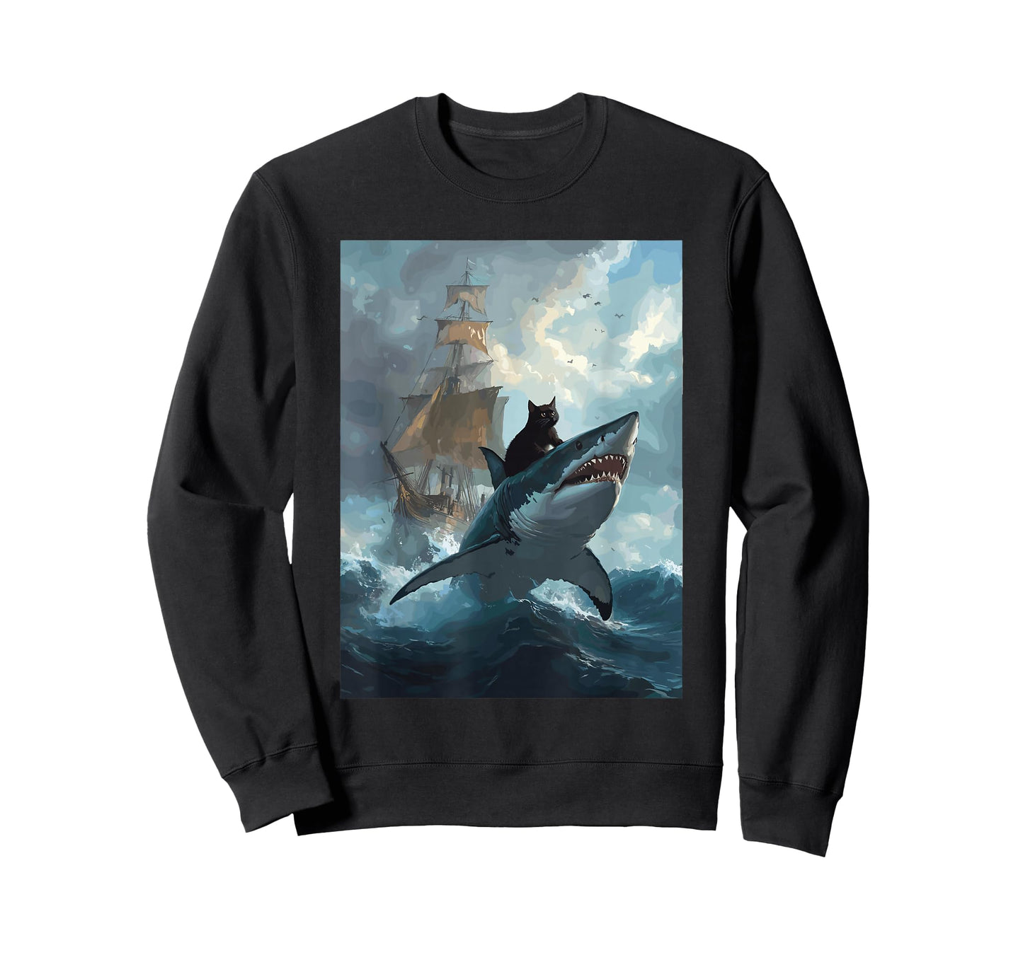 Cat Riding Shark Funny Art and Cat Lover Funny Cat and Shark T-Shirt