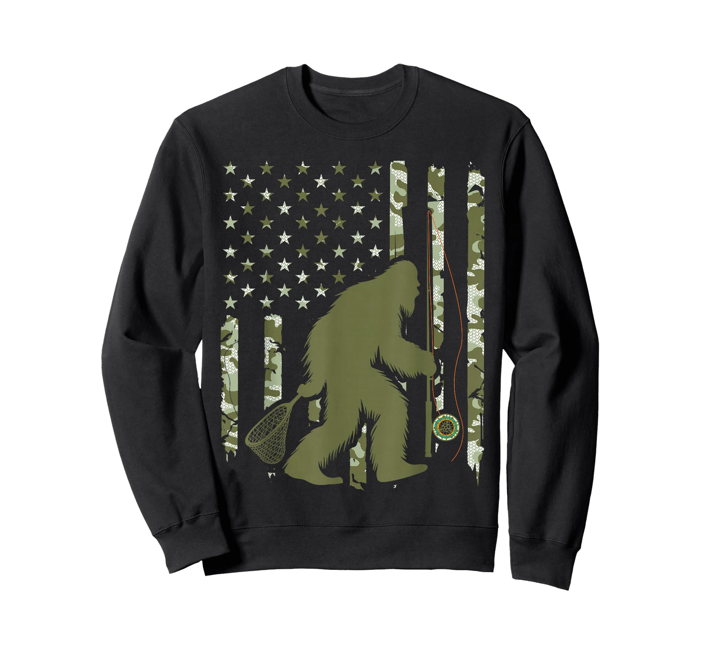 Bigfoot Sasquatch Fly Fishing American Flag Camo Vintage T-Shirt