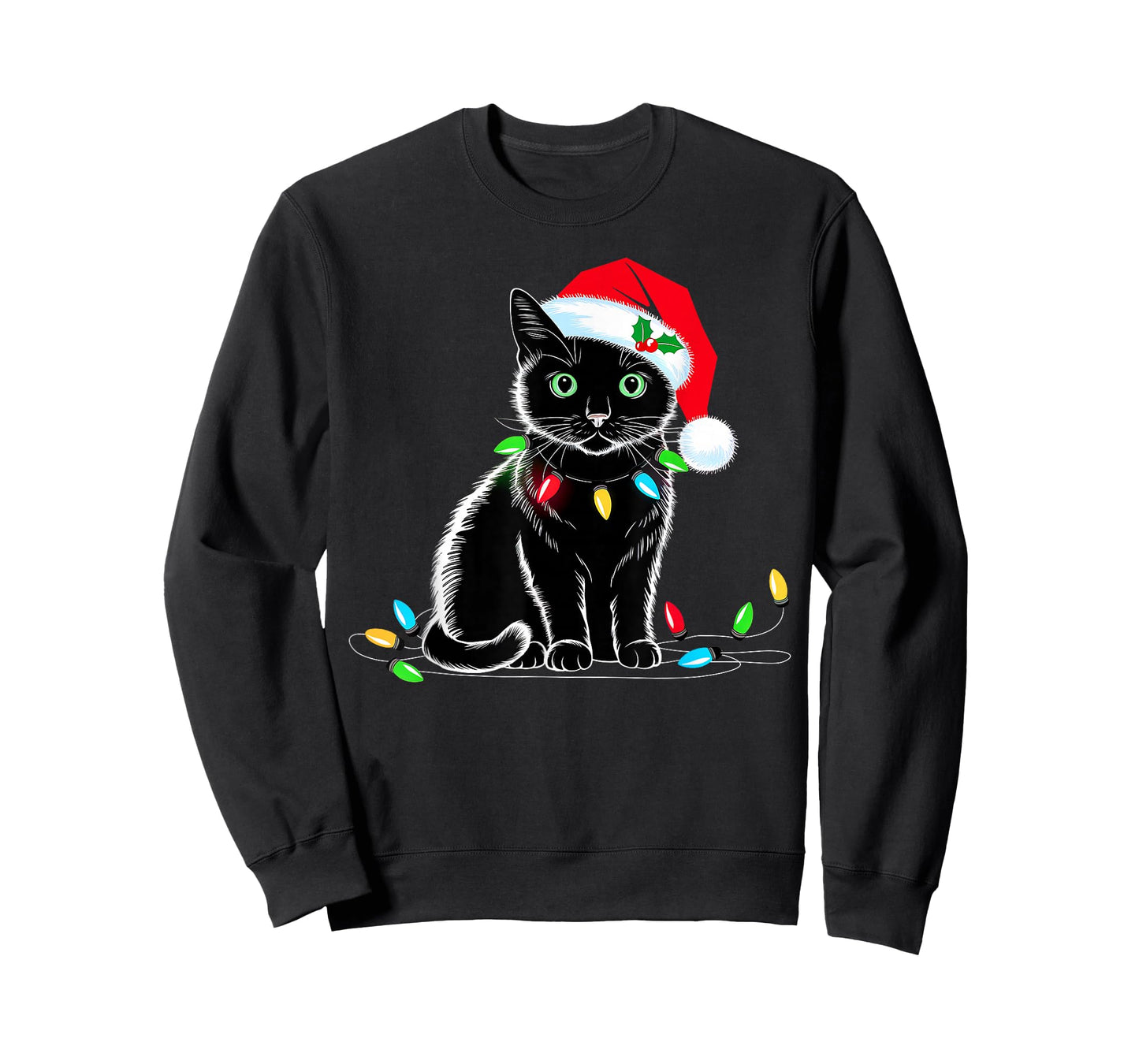 Black Cat Christmas Lights Santa Hat Funny Xmas Cat Lover Men Women Kids T-Shirt