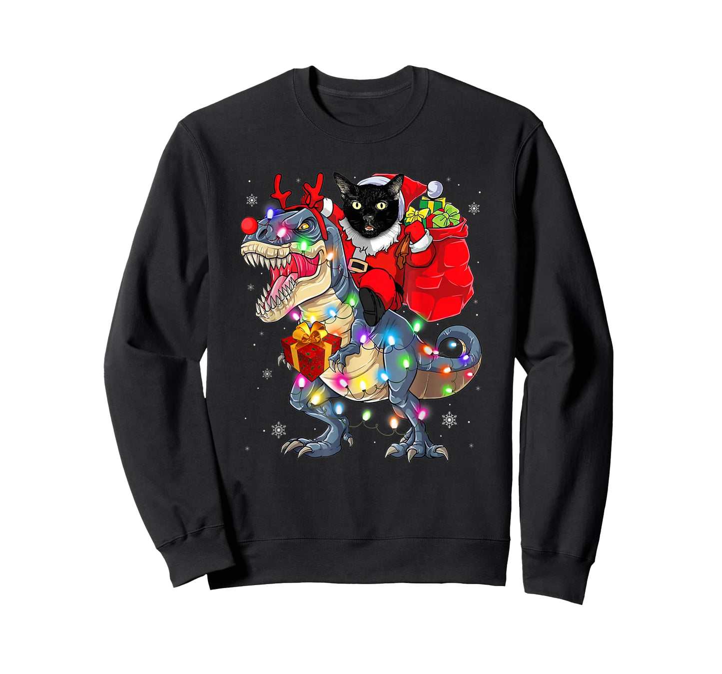 Funny Santa Cat Riding Dinosaur Xmas Lights T-Shirt