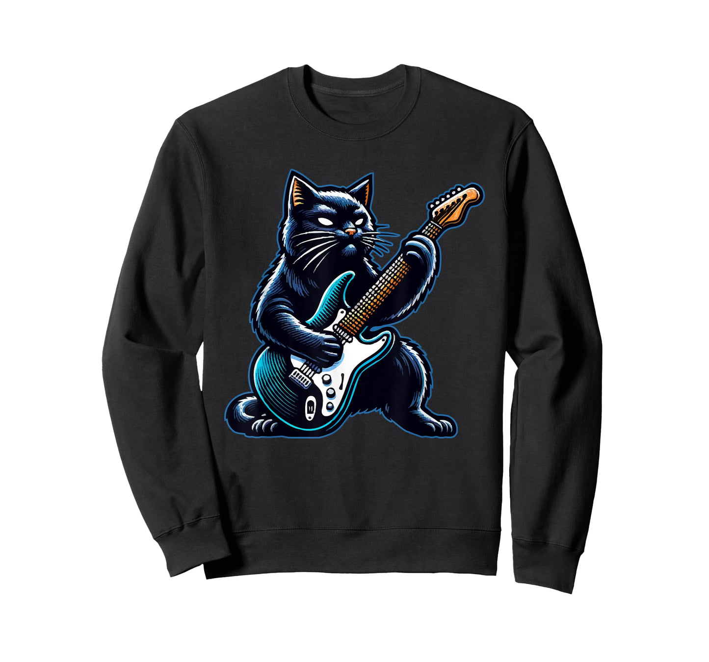 Black Cat Playing Guitar Rock and Roll Rock Star Design T-Shirt