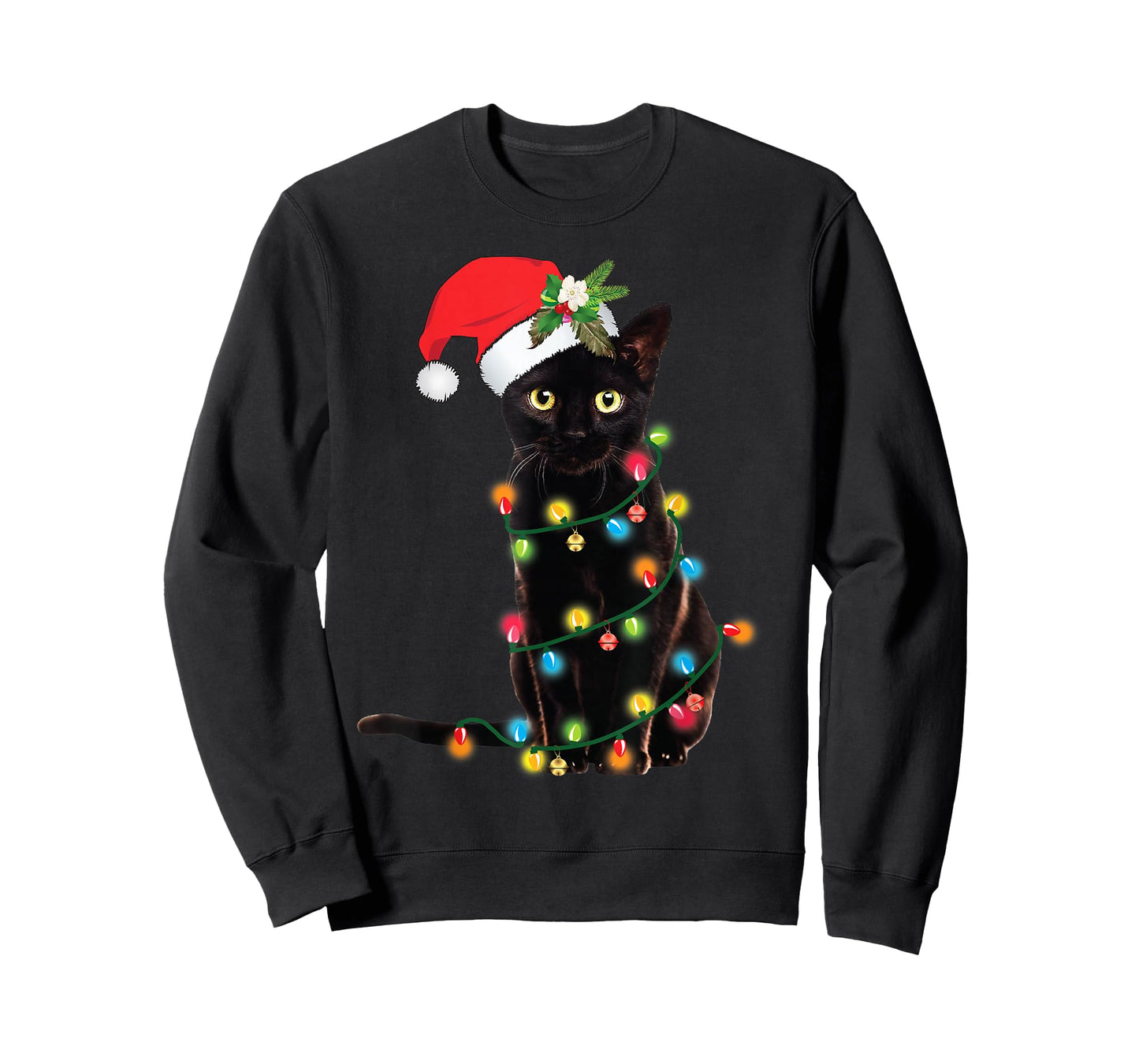 Santa Black Cat Tangled Up In Christmas Tree Lights Holiday T-Shirt