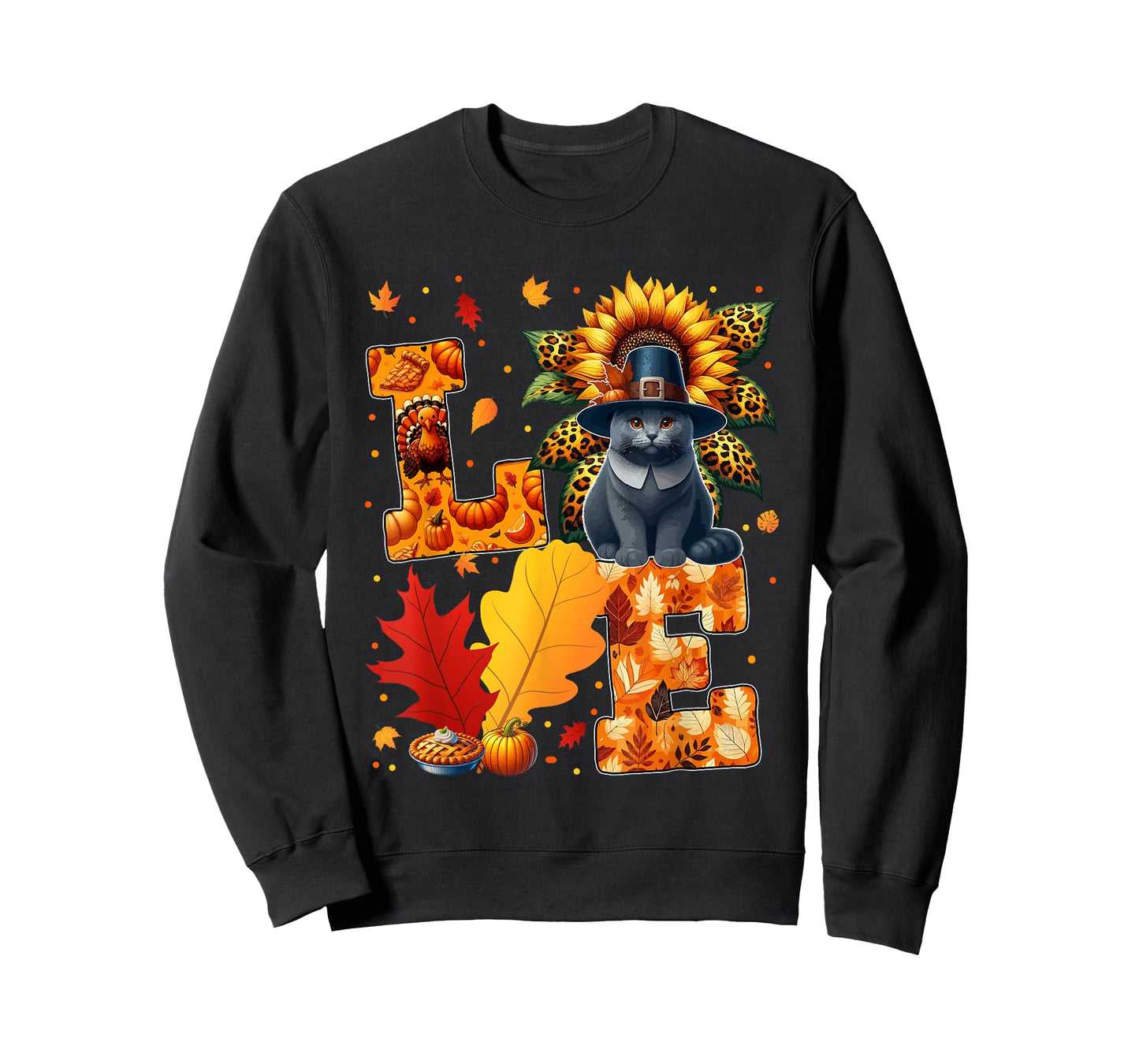 LOVE Thanksgiving Russian Blue Cat Costume Fall Leaves T-Shirt for Men Women Kids