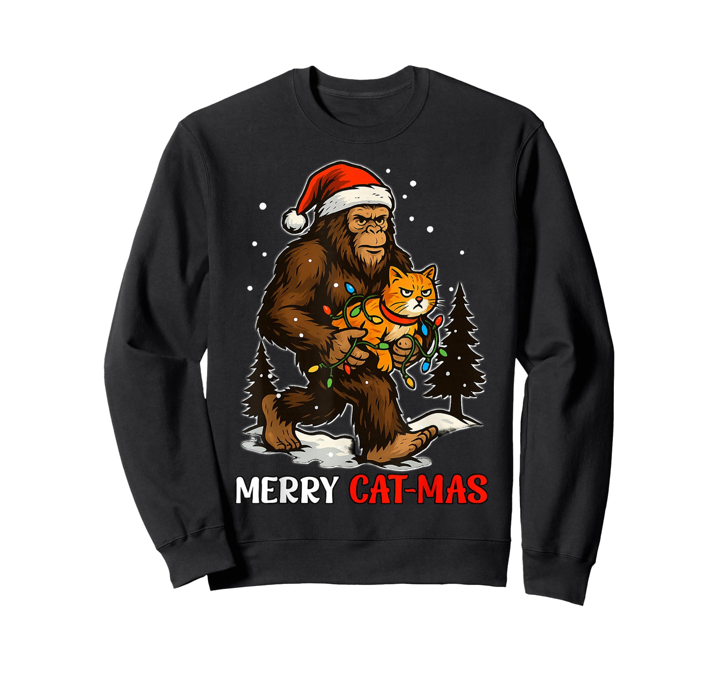 Merry Catmas Bigfoot and Lights Santa Hat Funny Cat Xmas T-Shirt