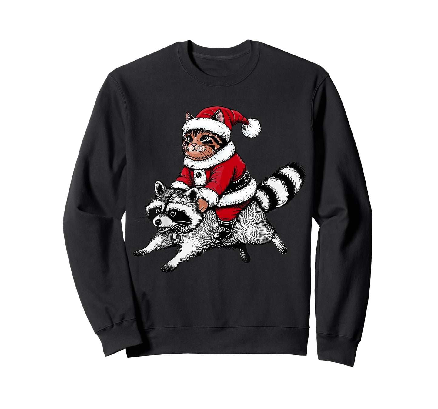 Santa Cat Riding A Raccoon Christmas Men Women Kids T-Shirt