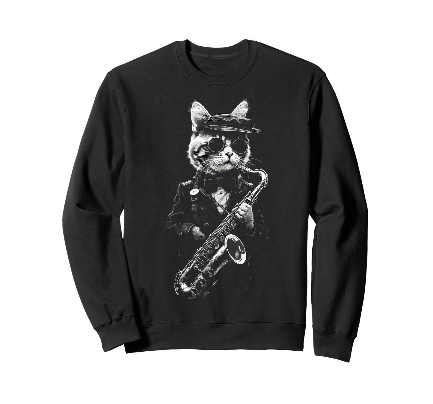 Funny Cat Wearing Sunglasses Playing Clarinet Musician Men Women Kids T-Shirt