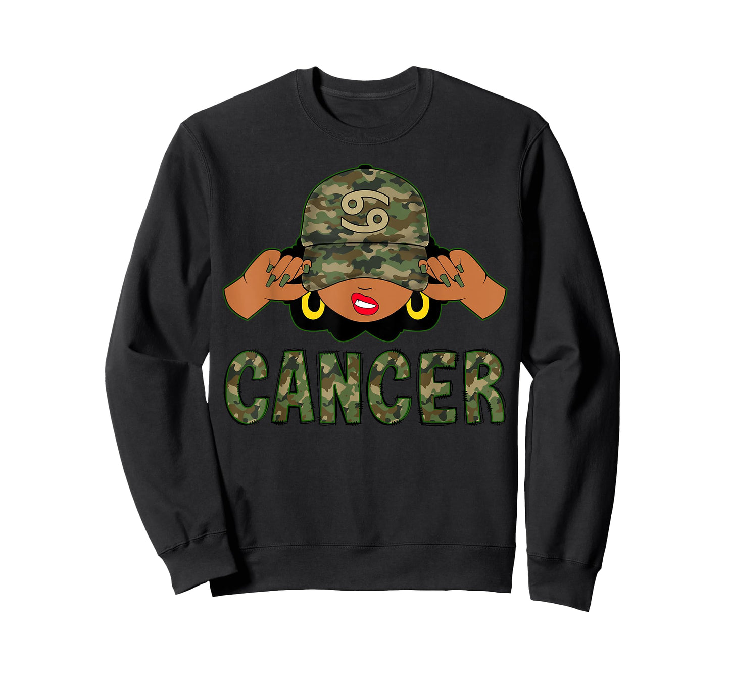 Cancer Queen Black Woman With Camo Cap Afro Girl Zodiac T-Shirt