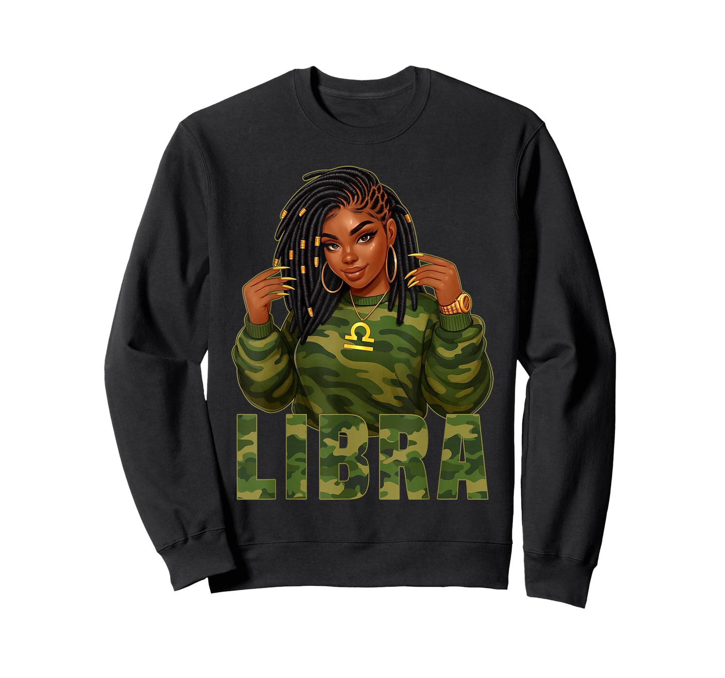 Libra Queen Loc'd Black Woman Camo Zodiac Sign T-Shirt