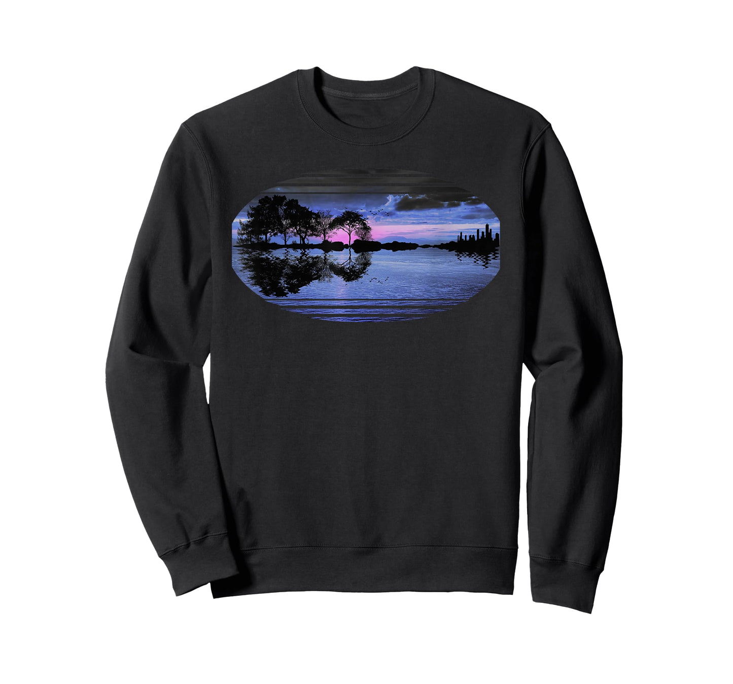 Guitar Sunset Sky Trees City Lake Reflection Stylish Design T-Shirt