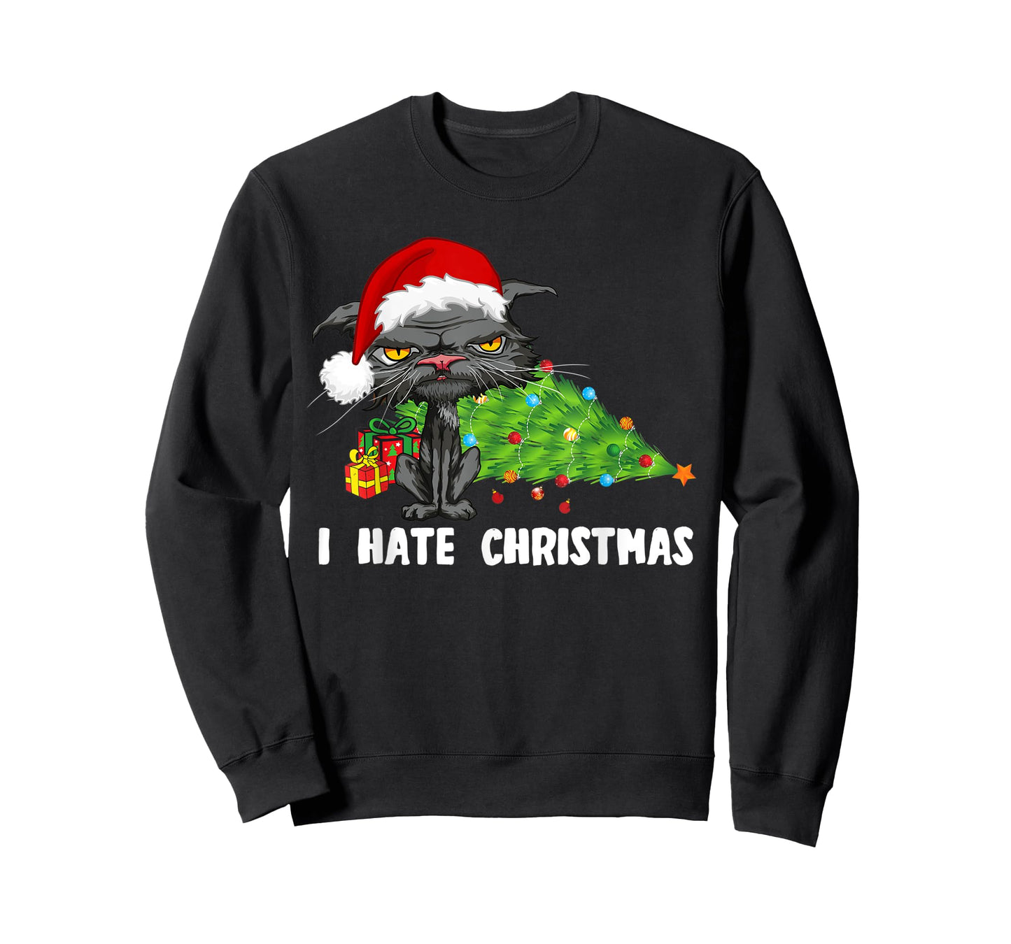 Anti Christmas I Hate Christmas Tree Bored Cat Santa Hat T-Shirt for Men Women Kids