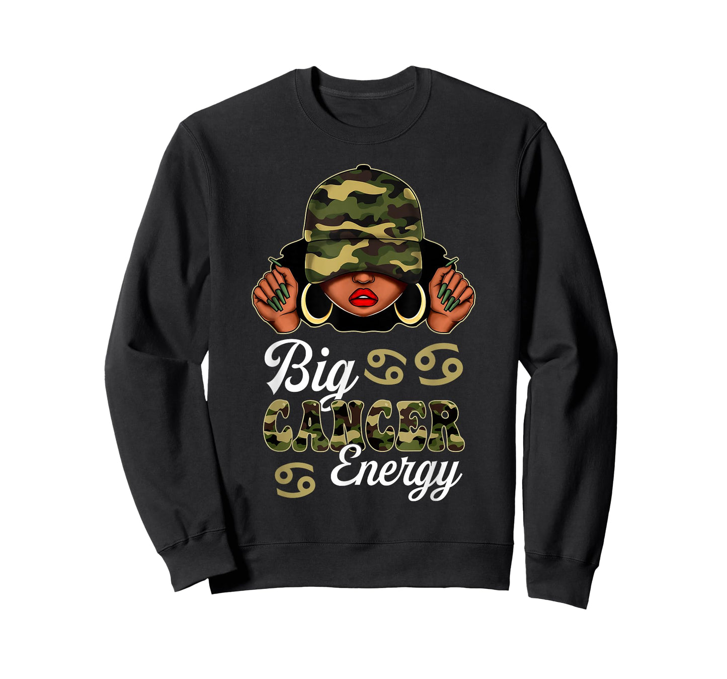 Big Cancer Energy Black Woman Camouflage Zodiac Sign T-Shirt