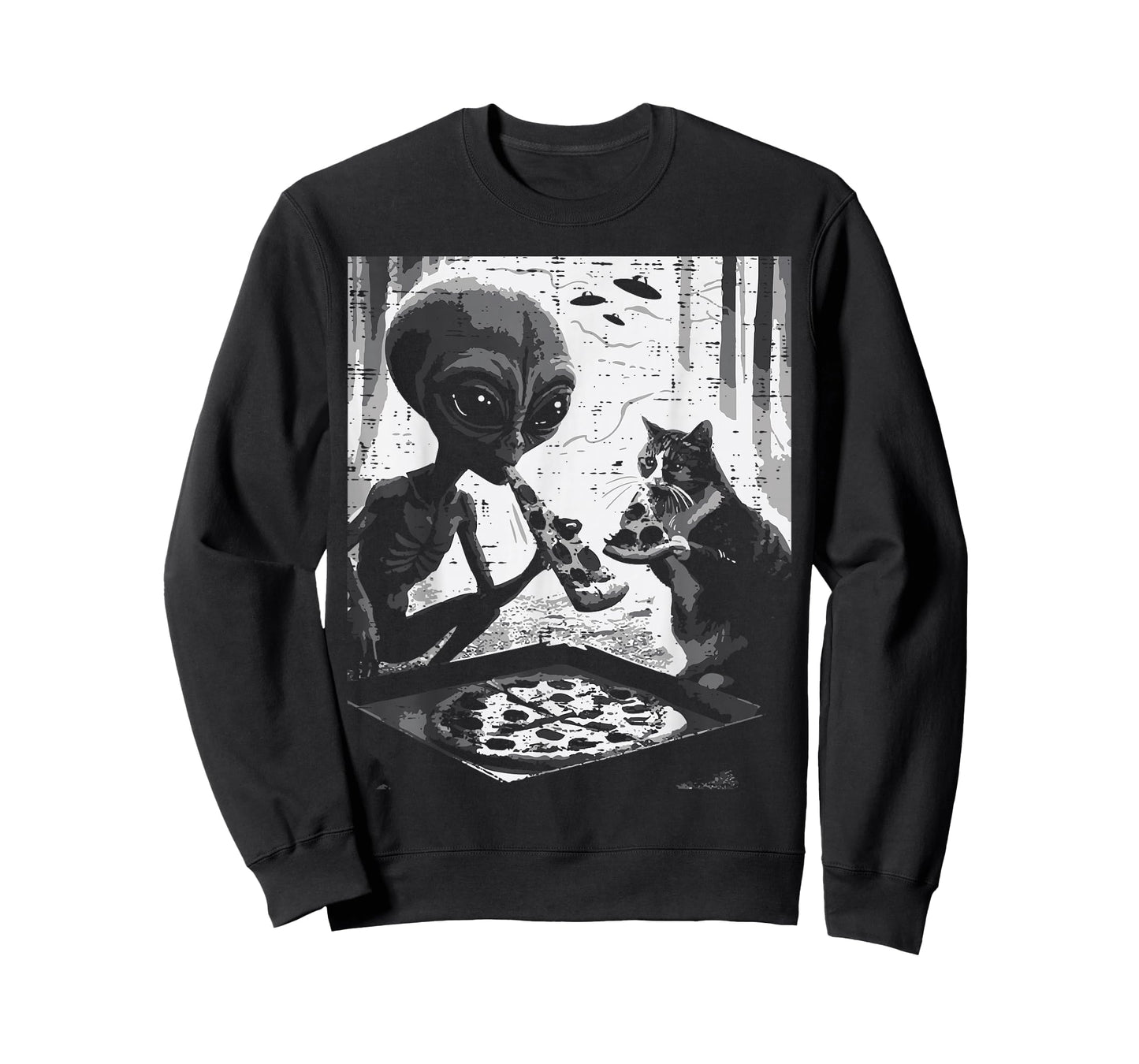 Alien and Cat Eating Pizza Funny Snack Food Men Women Kids T-Shirt