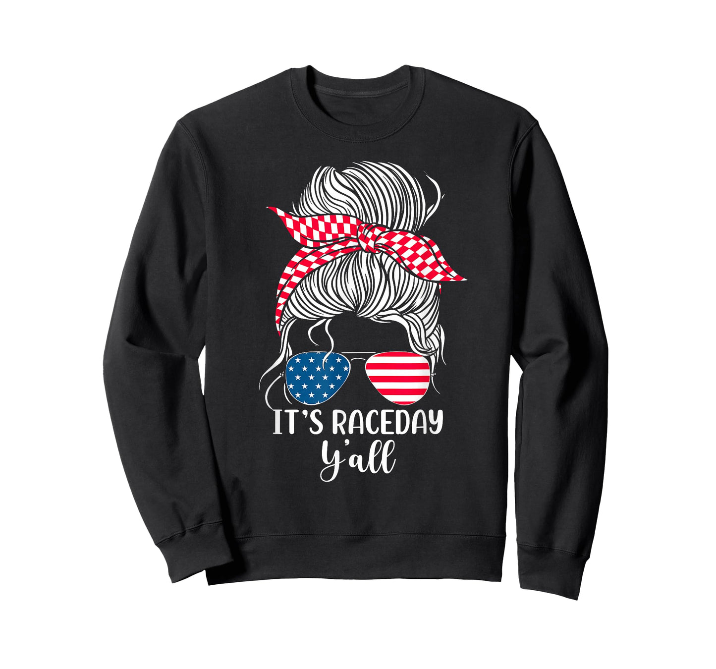 Dirt Track Racing Race Girl USA American Flag Glasses Bun T-Shirt