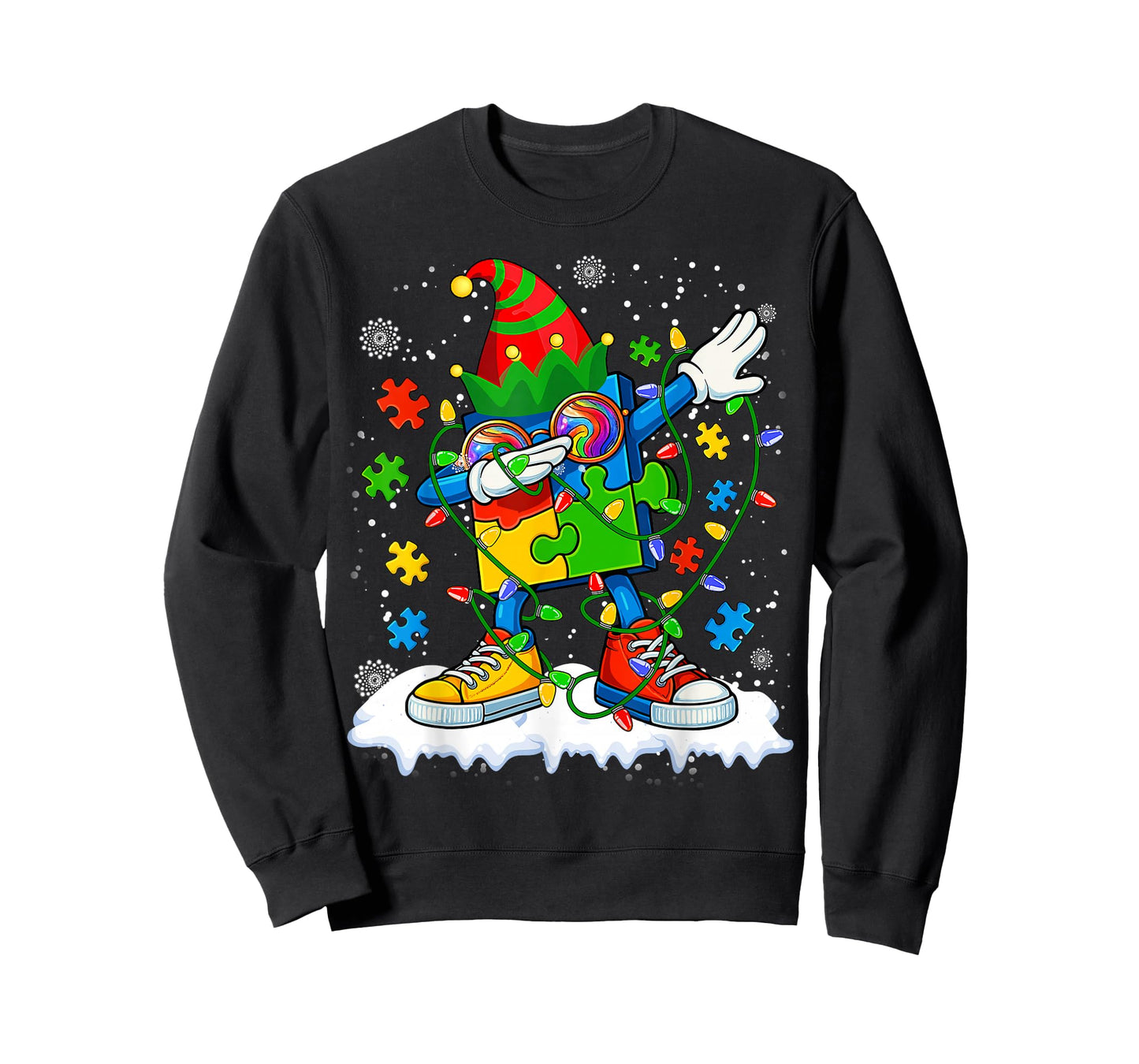 Dabbing Autism Christmas Tree Lights Xmas Men Women Kids T-Shirt
