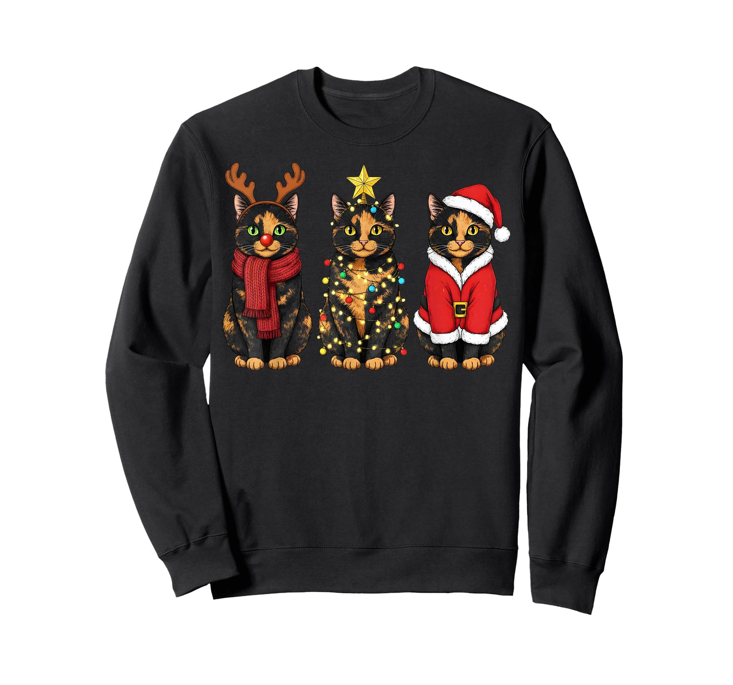 Retro Christmas Tortoiseshell Cat Santa Reindeer T-Shirt