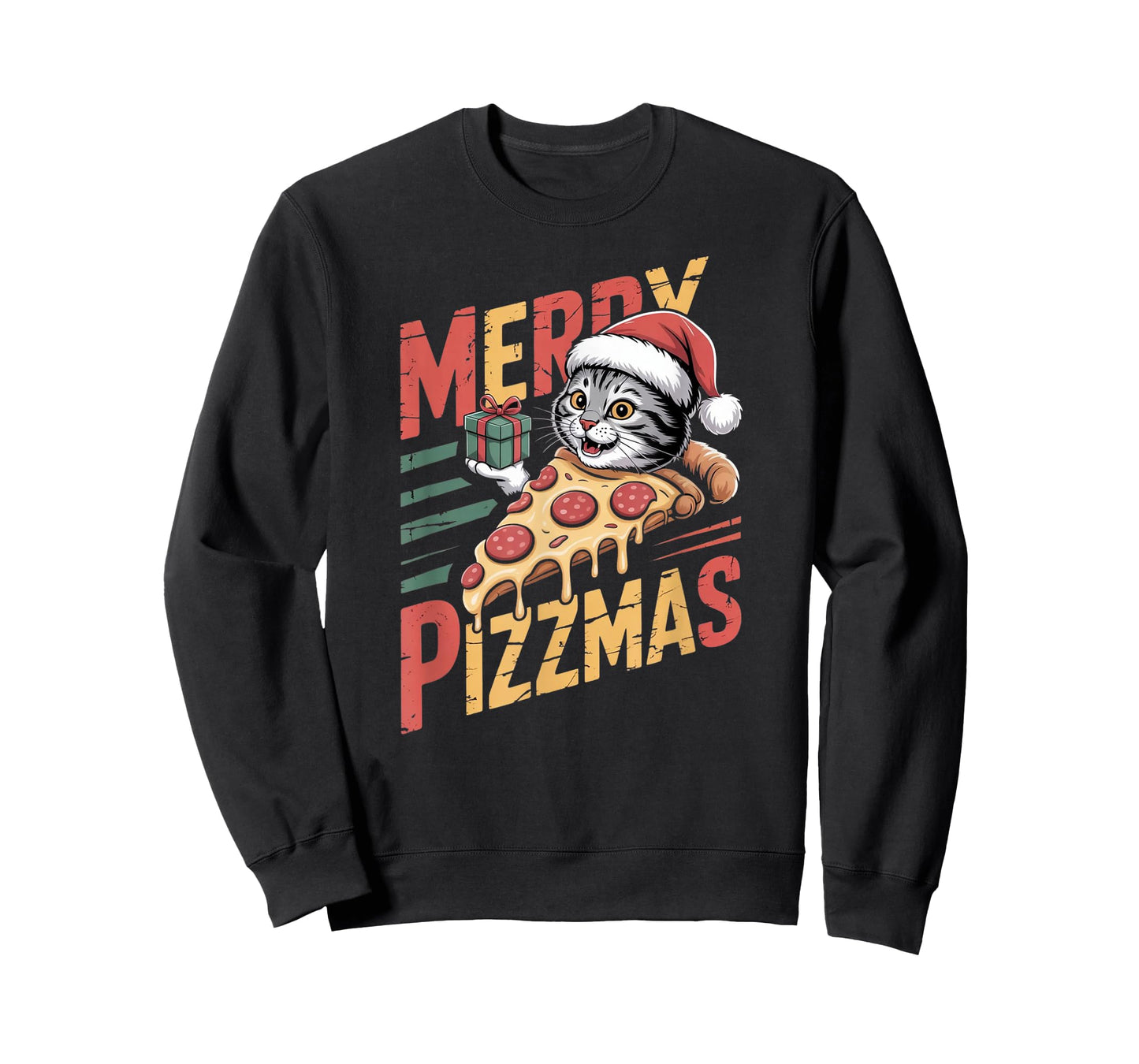 Merry Pizzmas Christmas Cat Funny Pizza Lover Xmas Cat Lover T-Shirt