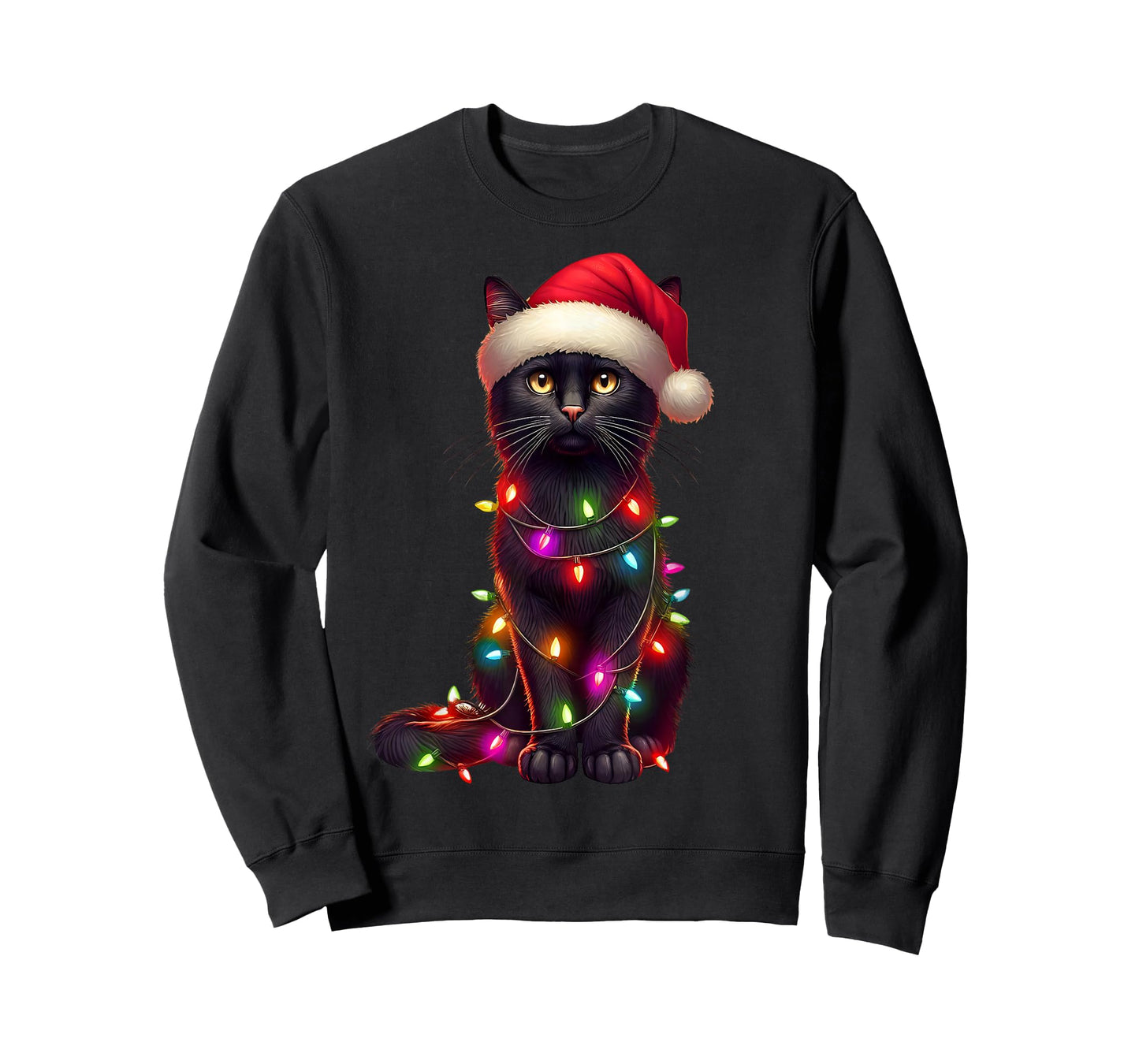 Black Cat Christmas Tree Lights Santa Xmas Pajama Cat Lover T-Shirt