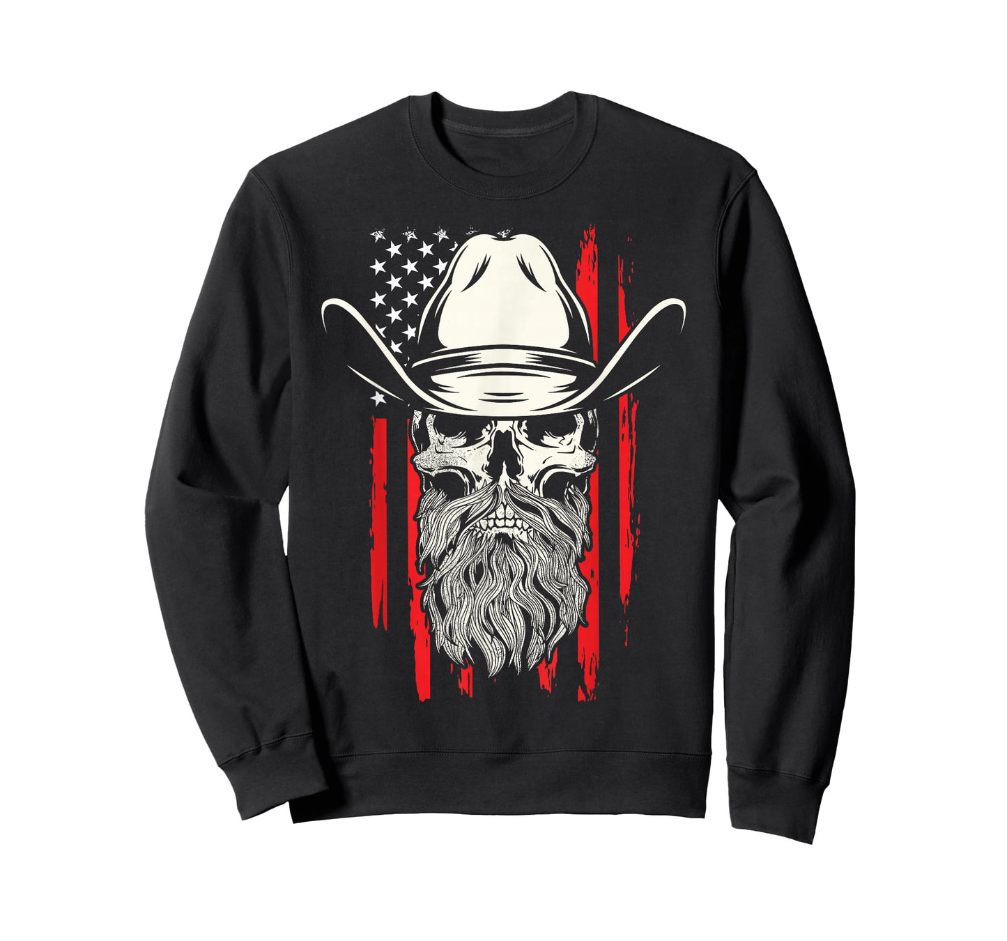 American Bearded Cowboy Skull Flag Distressed Graphic Style T-Shirt