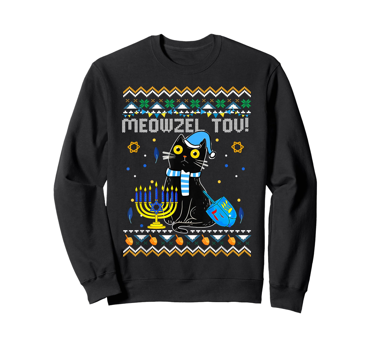 Funny Happy Hanukkah Hanukkat Meowzel Tov Jewish Cat Menorah T-Shirt