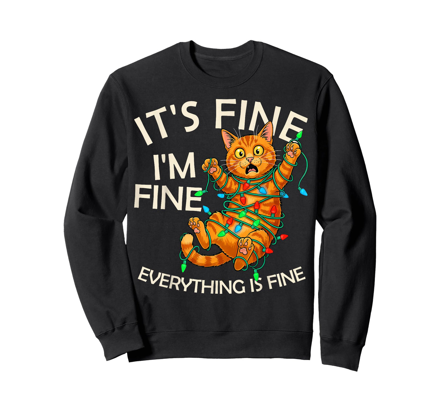 Funny Orange Cat Christmas Light It's Fine I'm Fine Xmas T-Shirt