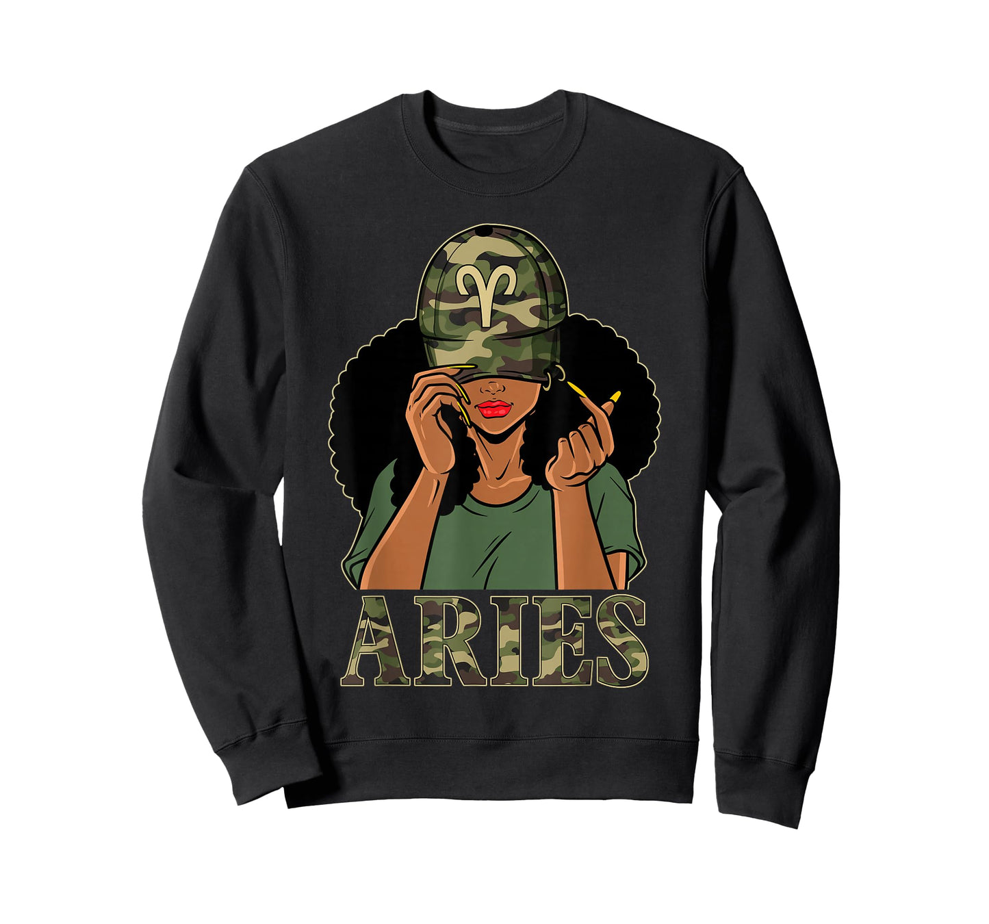 Aries Girl Black Woman With Cap Camo Afro Woman Zodiac T-Shirt