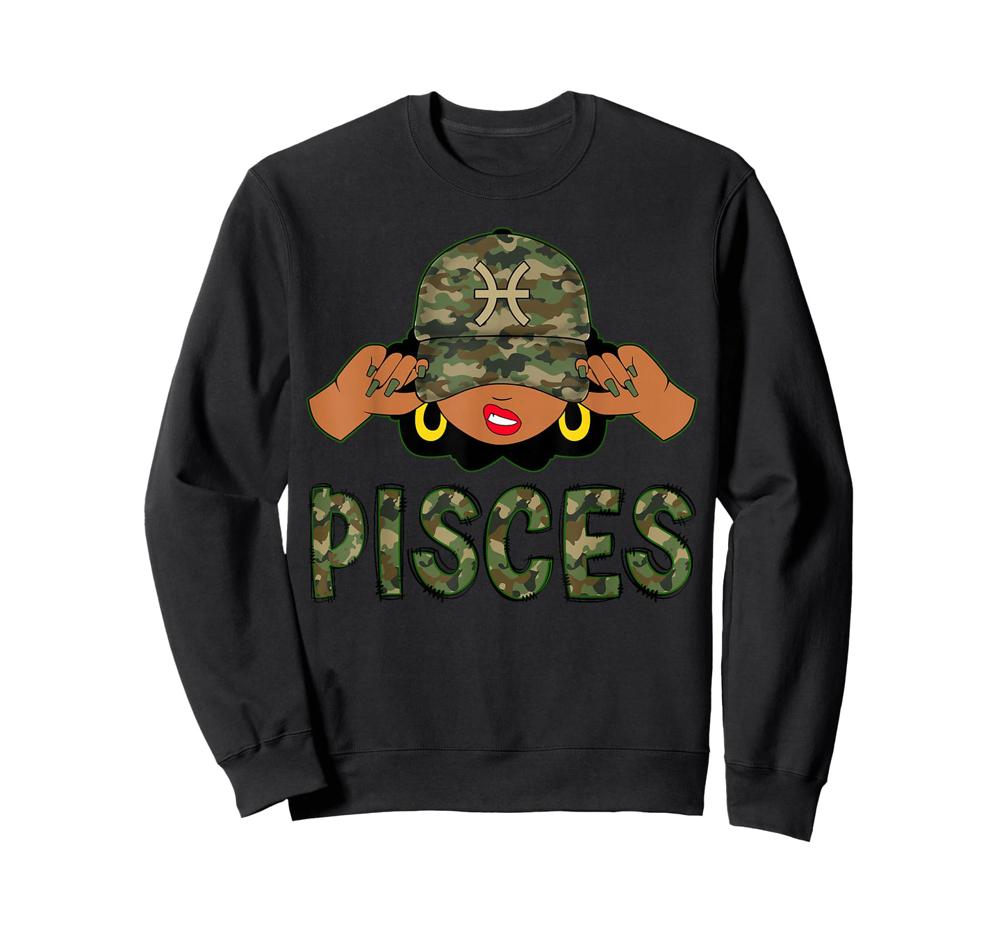 Pisces Queen Black Woman With Camo Cap Afro Girl Zodiac T-Shirt