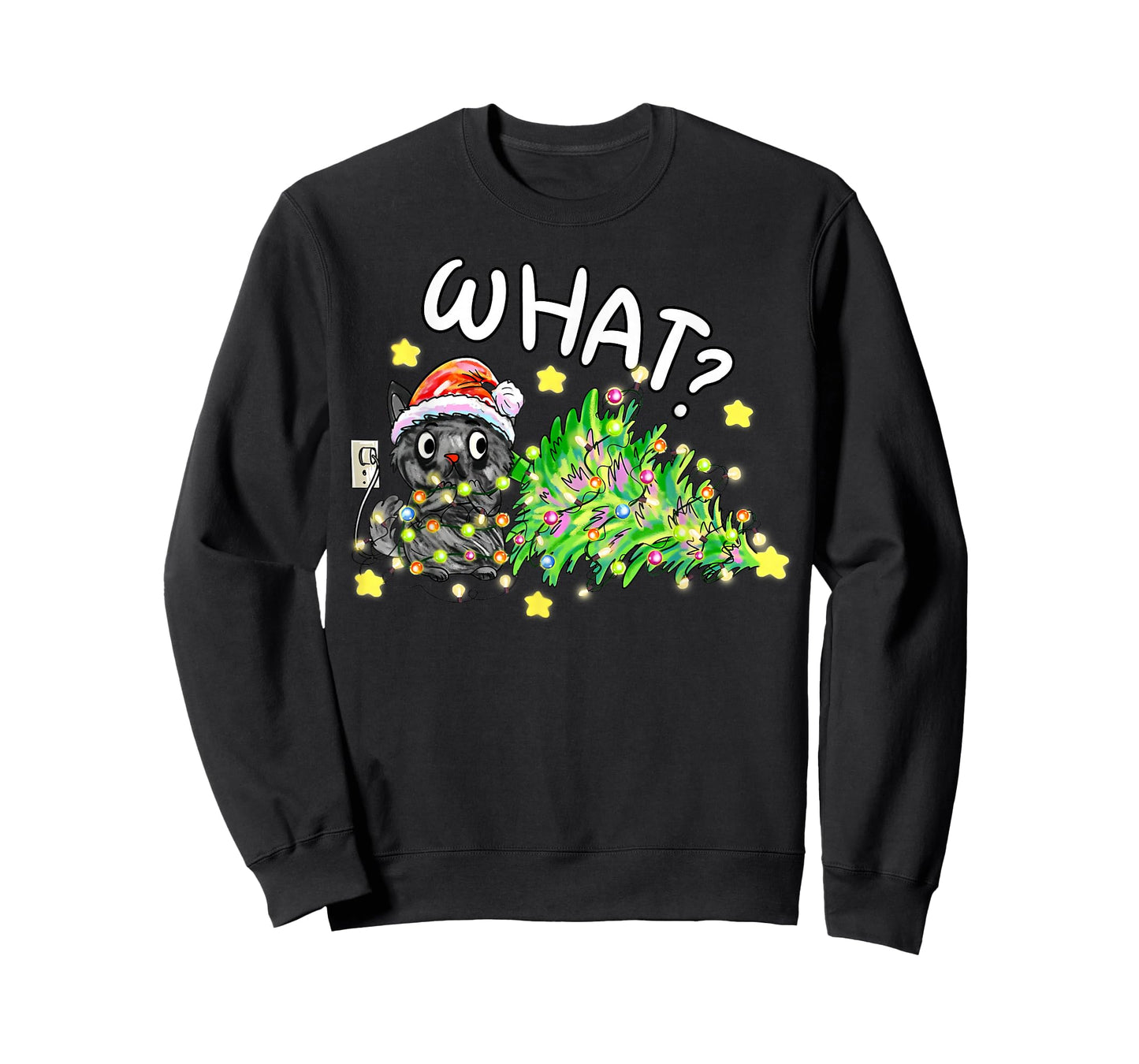 Funny Black Cat Gift Pushing Christmas Tree Over Cat What? T-Shirt