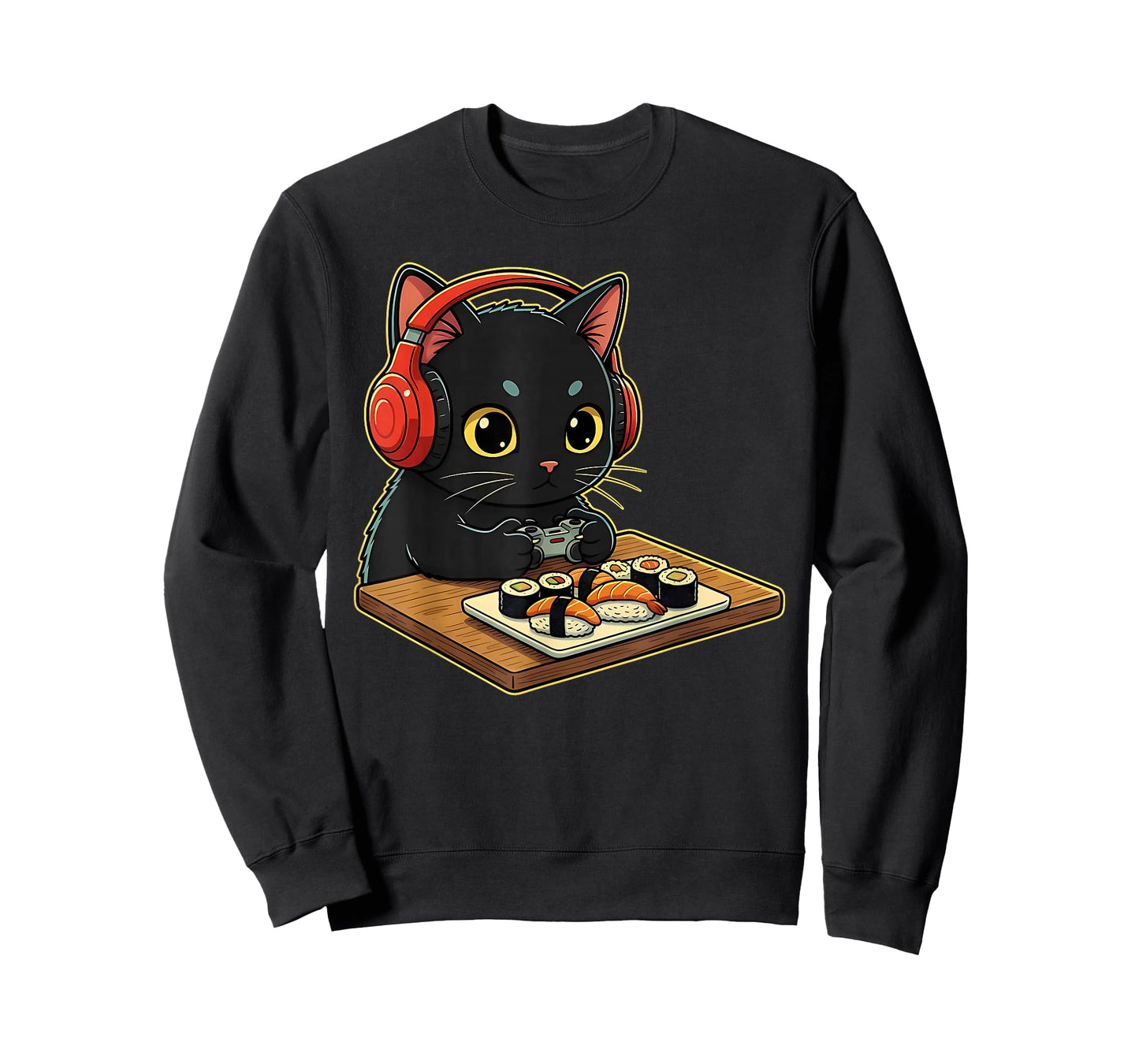 Cute Kawaii Black Cat Funny Sushi Retro Japanese Cat Gaming T-Shirt