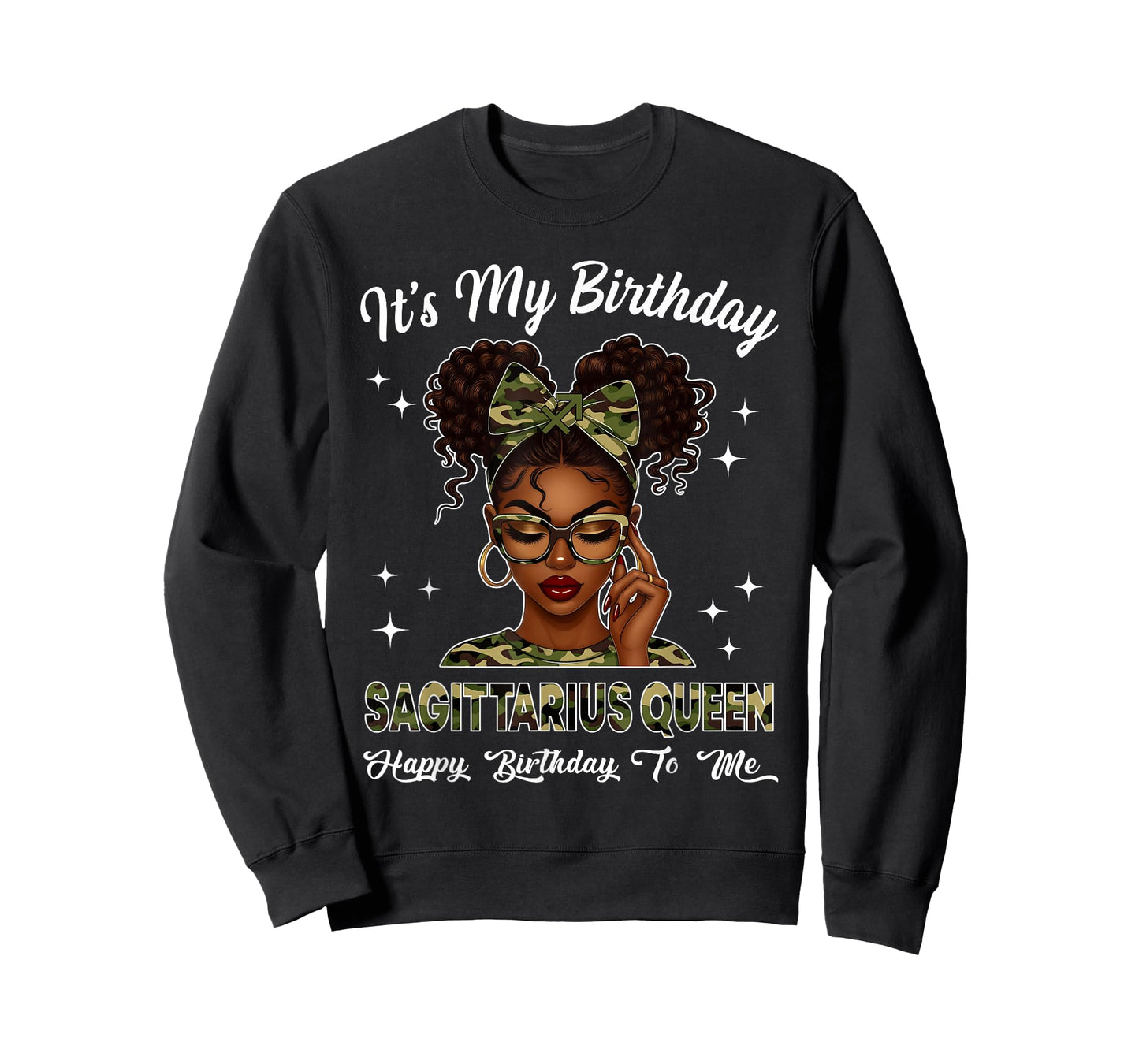 It's My Birthday Sagittarius Queen Camo Bow Afro Black Girl T-Shirt