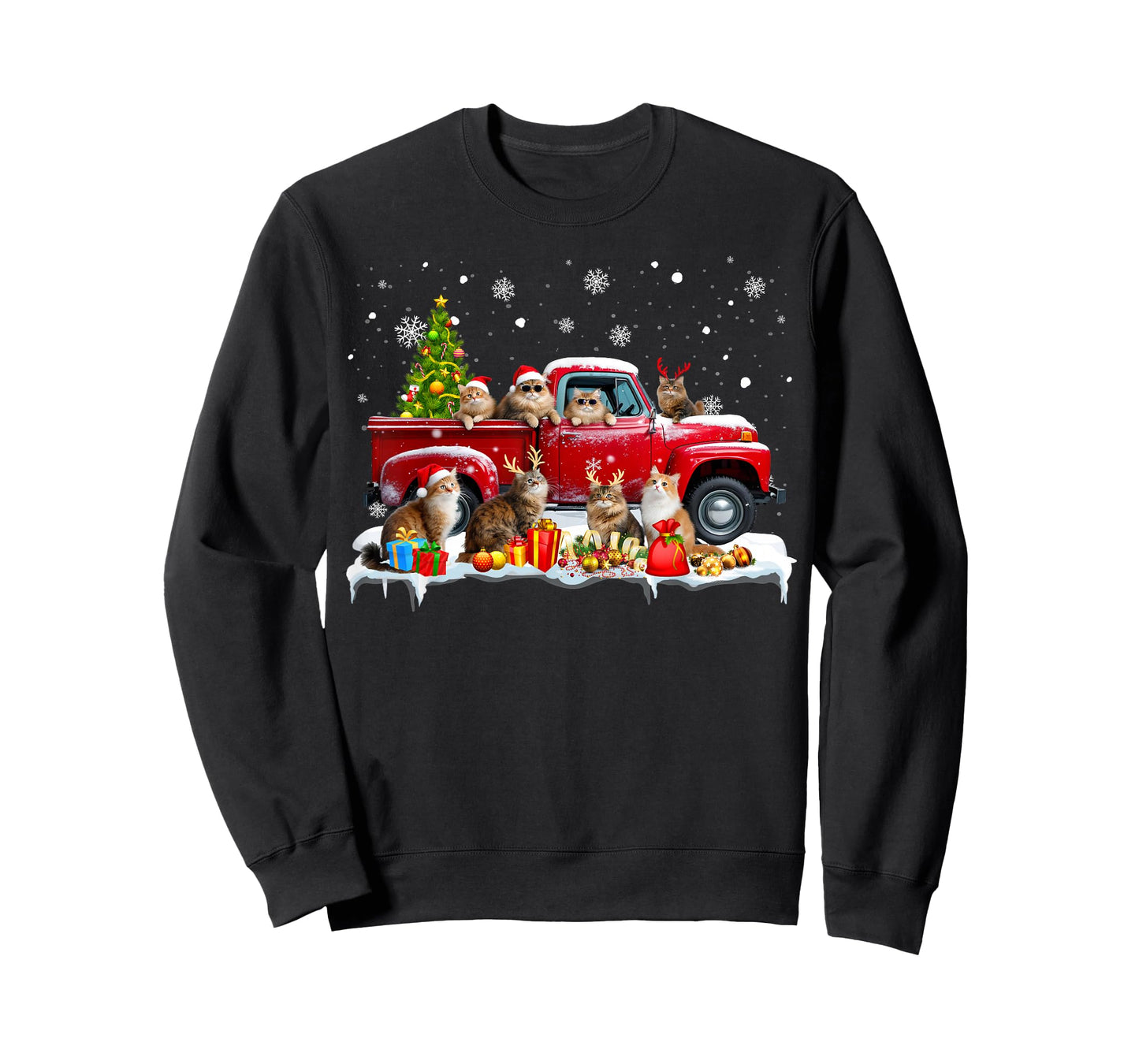 Maine Coon Cat Red Truck Christmas Tree Santa Ugly Xmas T-Shirt