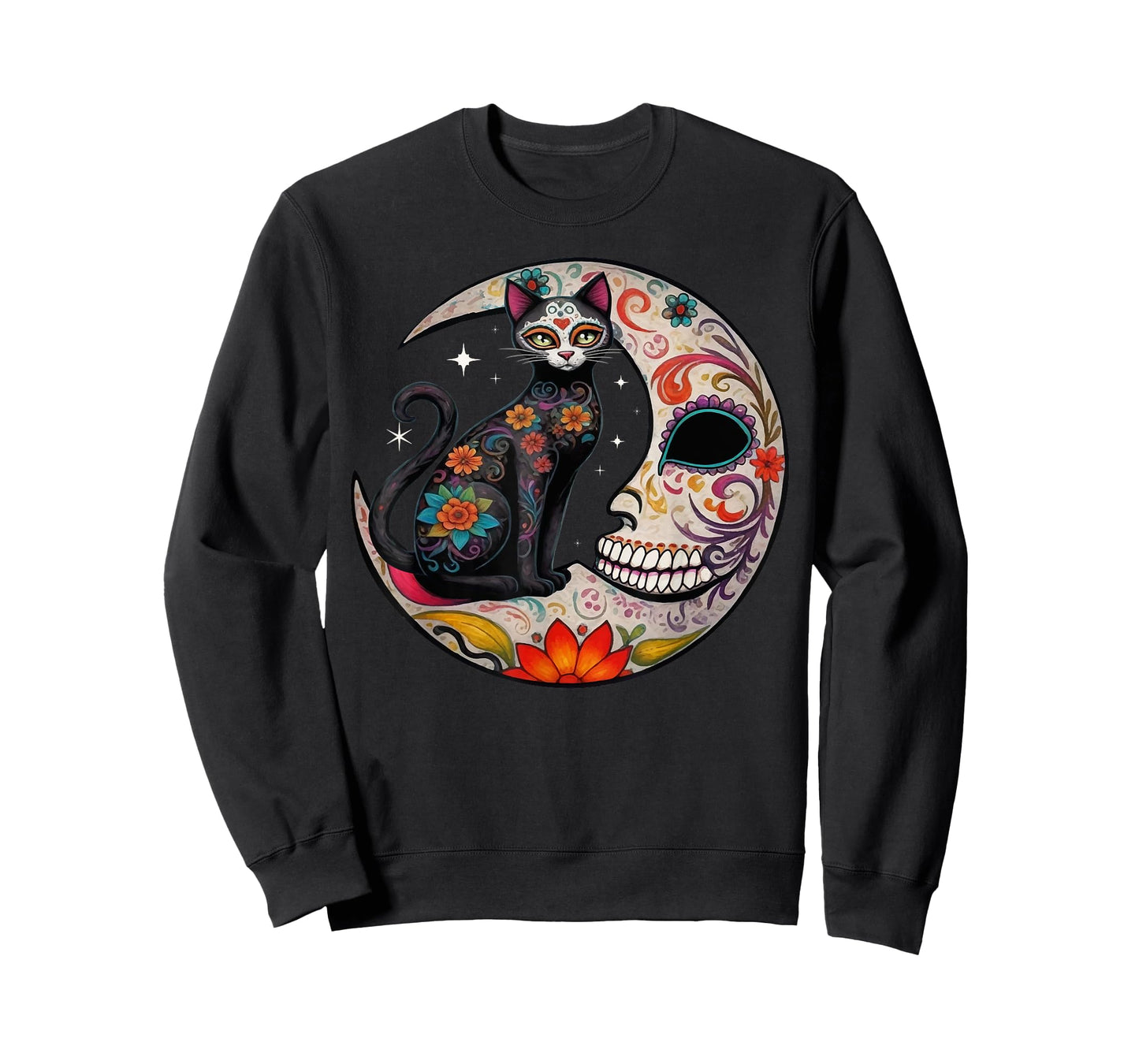 Sugar Skull Cat Moon De Los Muertos Day of Dead Halloween T-Shirt for Men Women
