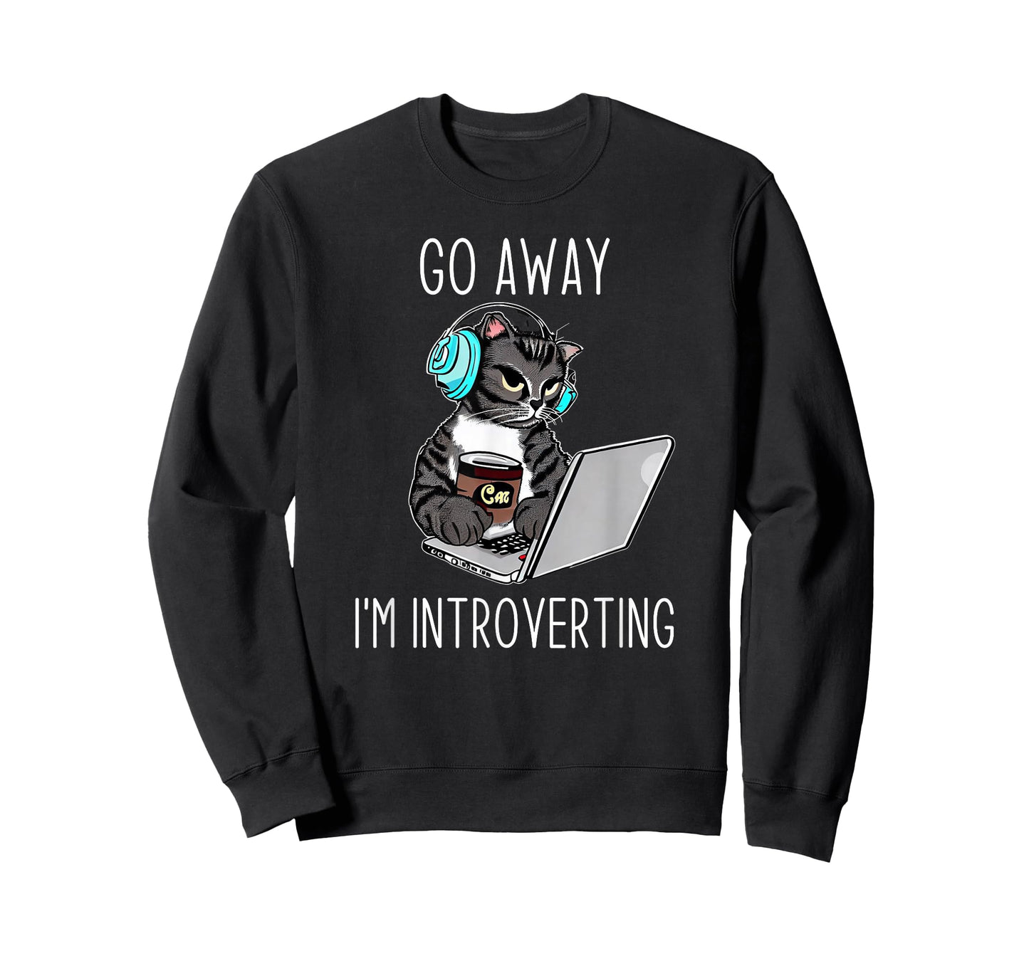 Go Away I'm Introverting Finny Cat with Laptop and Coffee Men Women T-Shirt