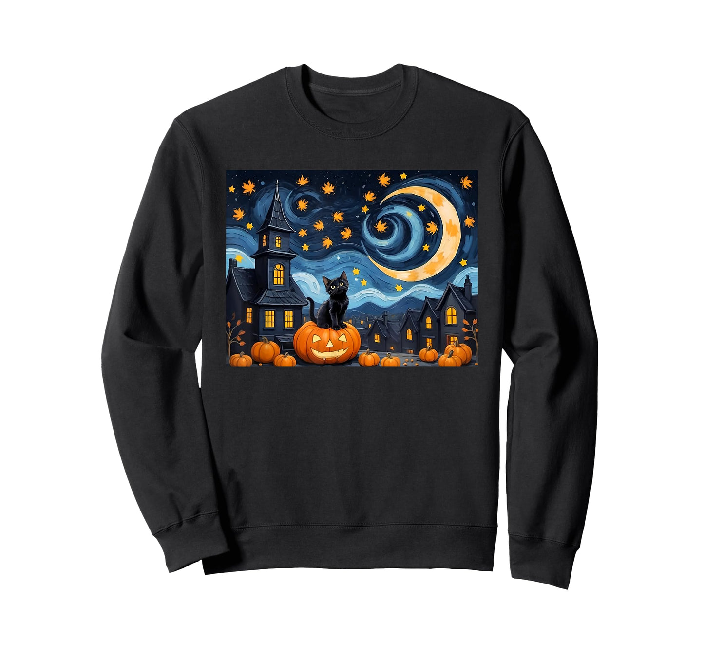 Halloween Van Gogh Starry Night Black Cat Pumpkin Vintage Men Women Kids T-Shirt