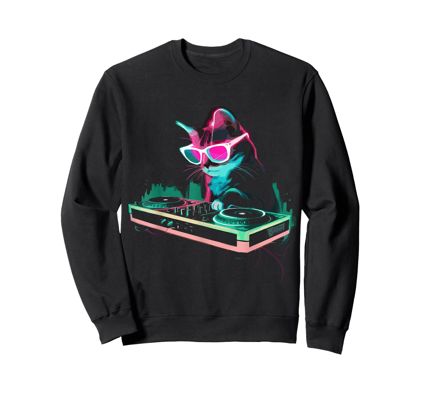 House DJ Cat Rainbow DJ Cat Kitty on Turntable Disco DJ Cat T-Shirt, Small, Black