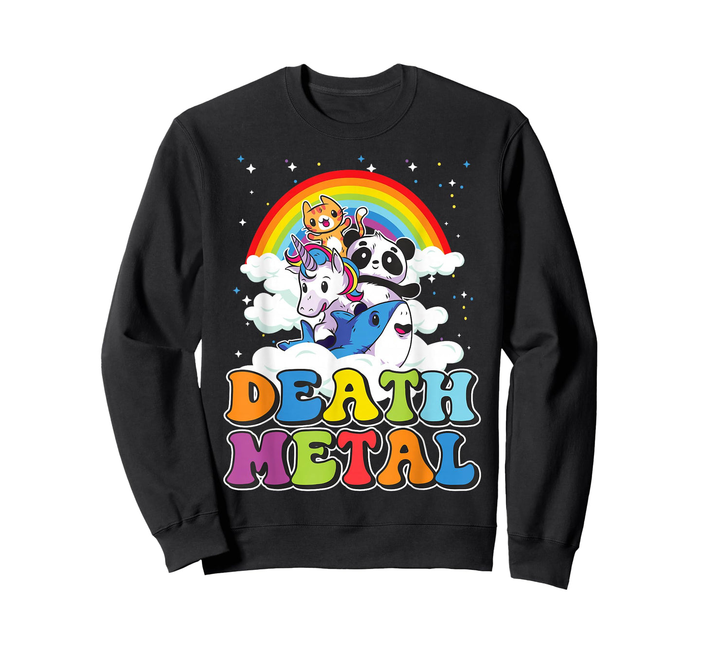 Retro Death Metal Cat Rainbow Unicorn Funny Heavy Metal T-Shirt Small