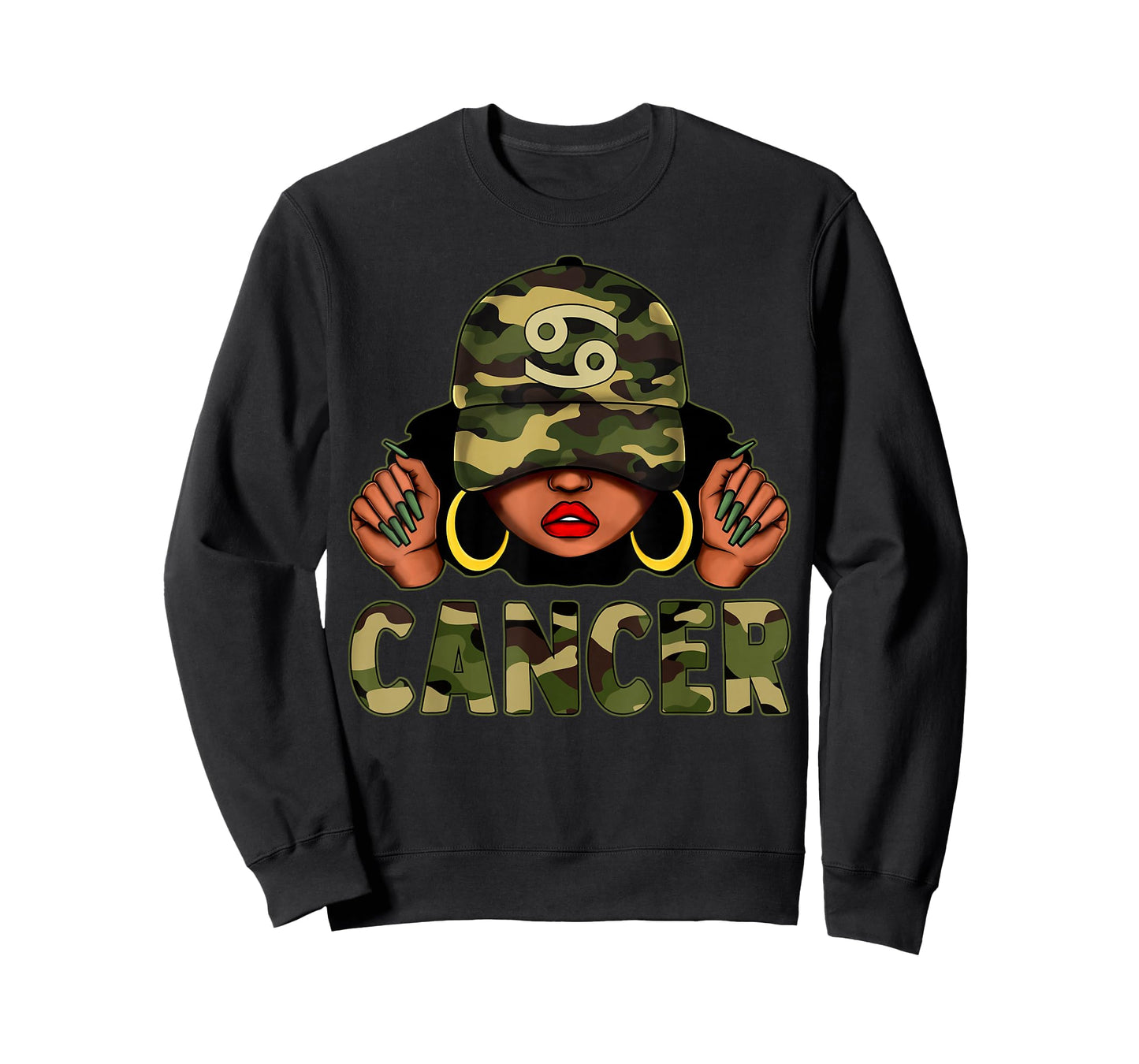 Cancer Queen Black Woman with Cap Camo Afro Girl Zodiac T-Shirt