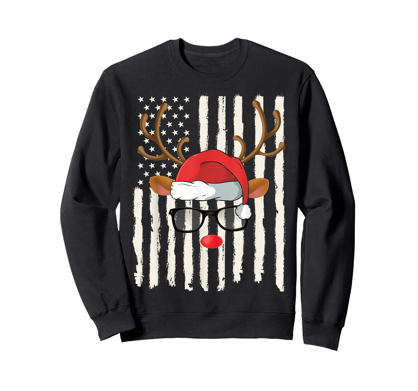 Cute Reindeer Santa Hat Glasses American Flag Christmas T-Shirt