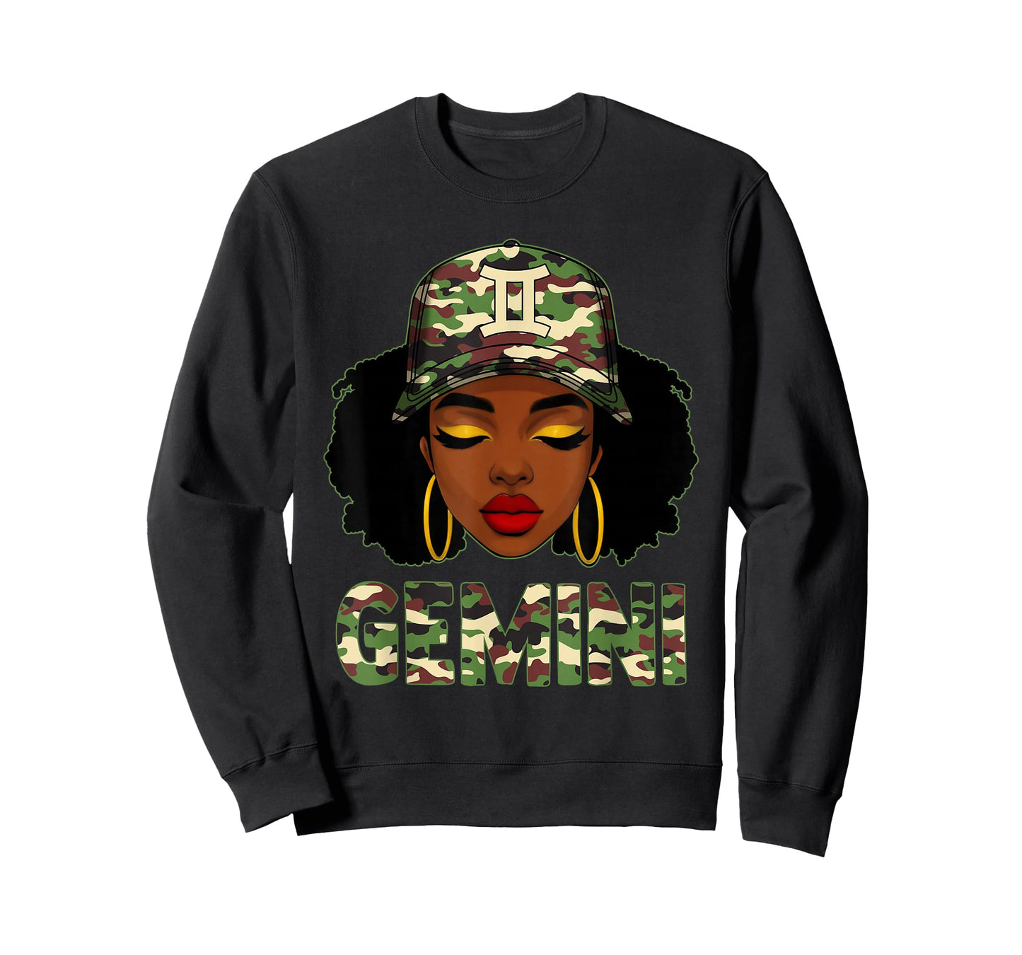 Gemini Queen Black Woman with Camo Cap Afro Girl Zodiac T-Shirt