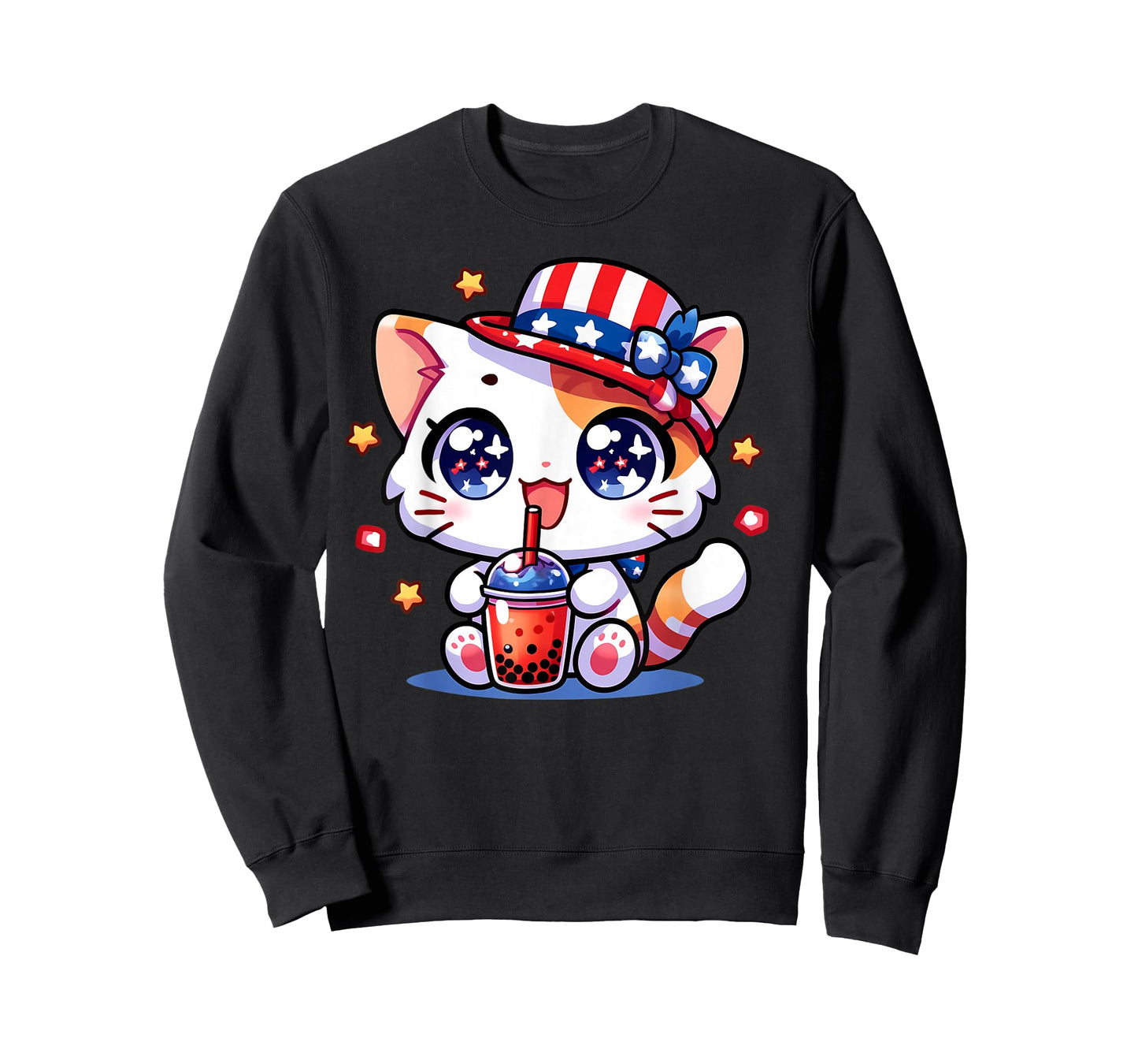 Cute 4th of July Cat Shirt Girls Kids Kawaii Anime Boba Tea T-Shirt