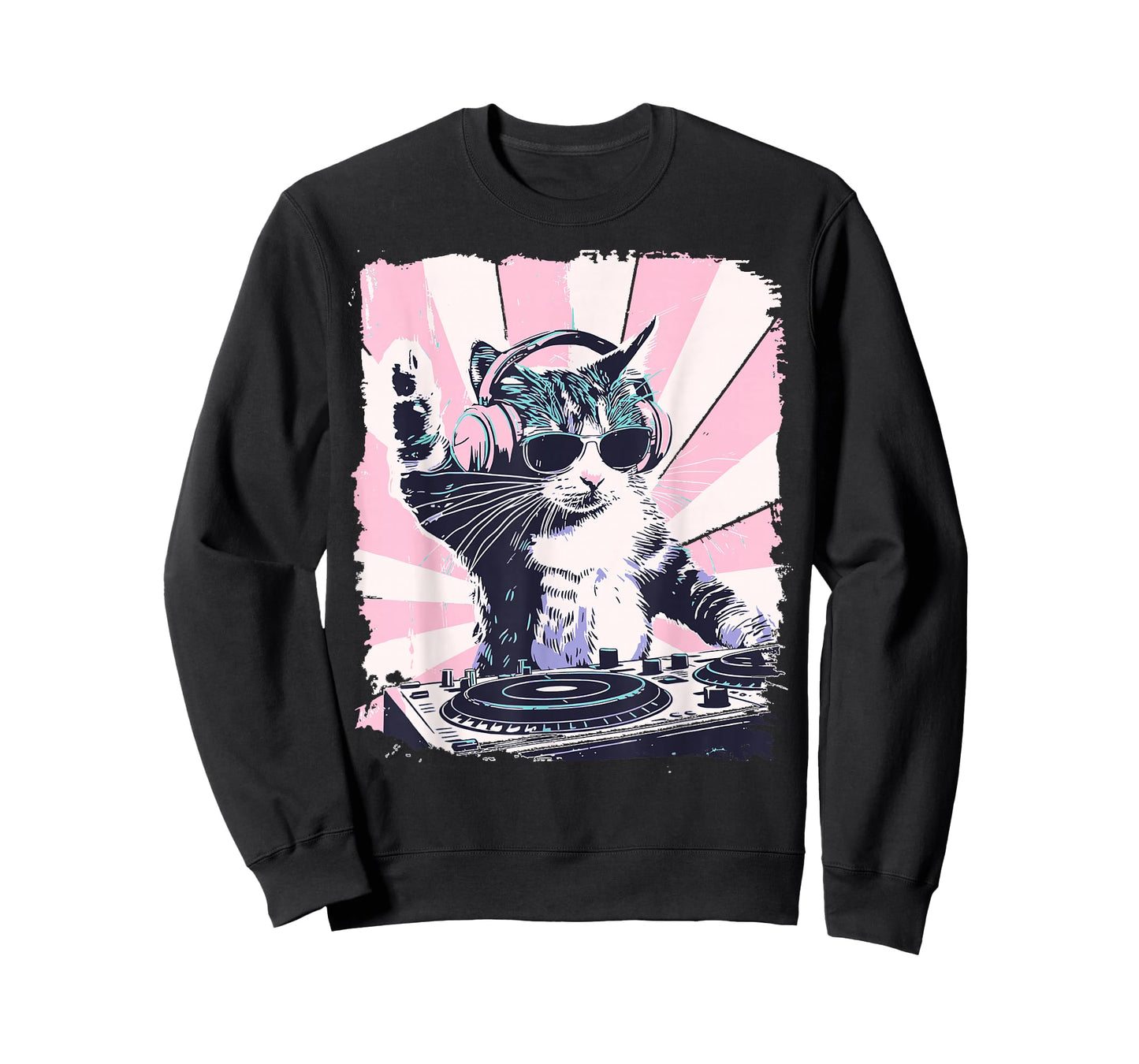 Funny DJ Cat with Headphones Retro Music Lover Art T-Shirt