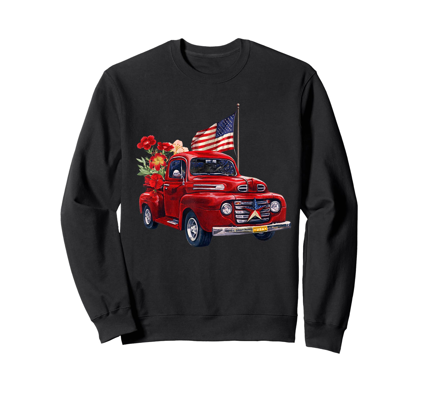 Red Truck With Flowers American Flag Happy 4th Of July Women Men T-Shirt