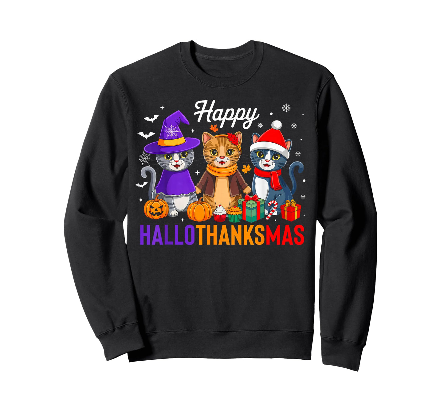 Happy Hallothanksmas Cat Halloween Thanksgiving Christmas T-Shirt