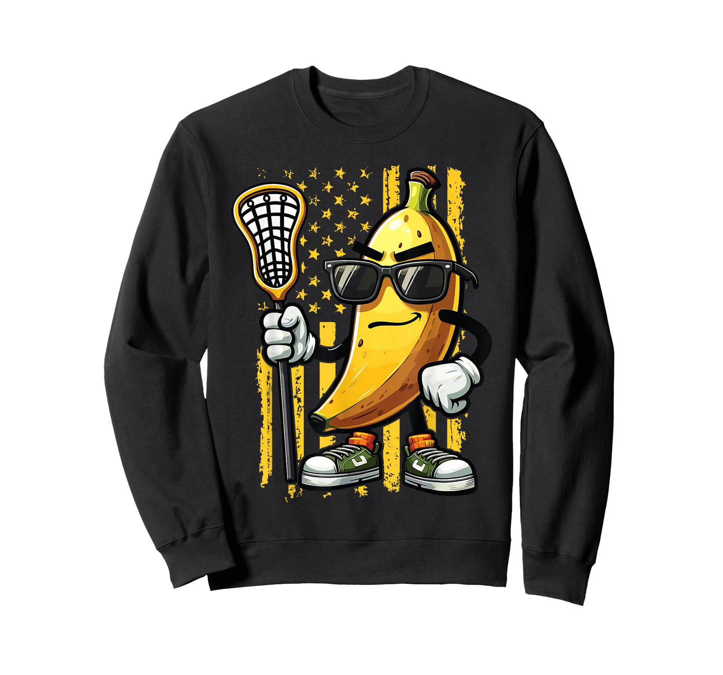 Banana Playing Lacrosse Sunglasses American Flag Funny T-Shirt