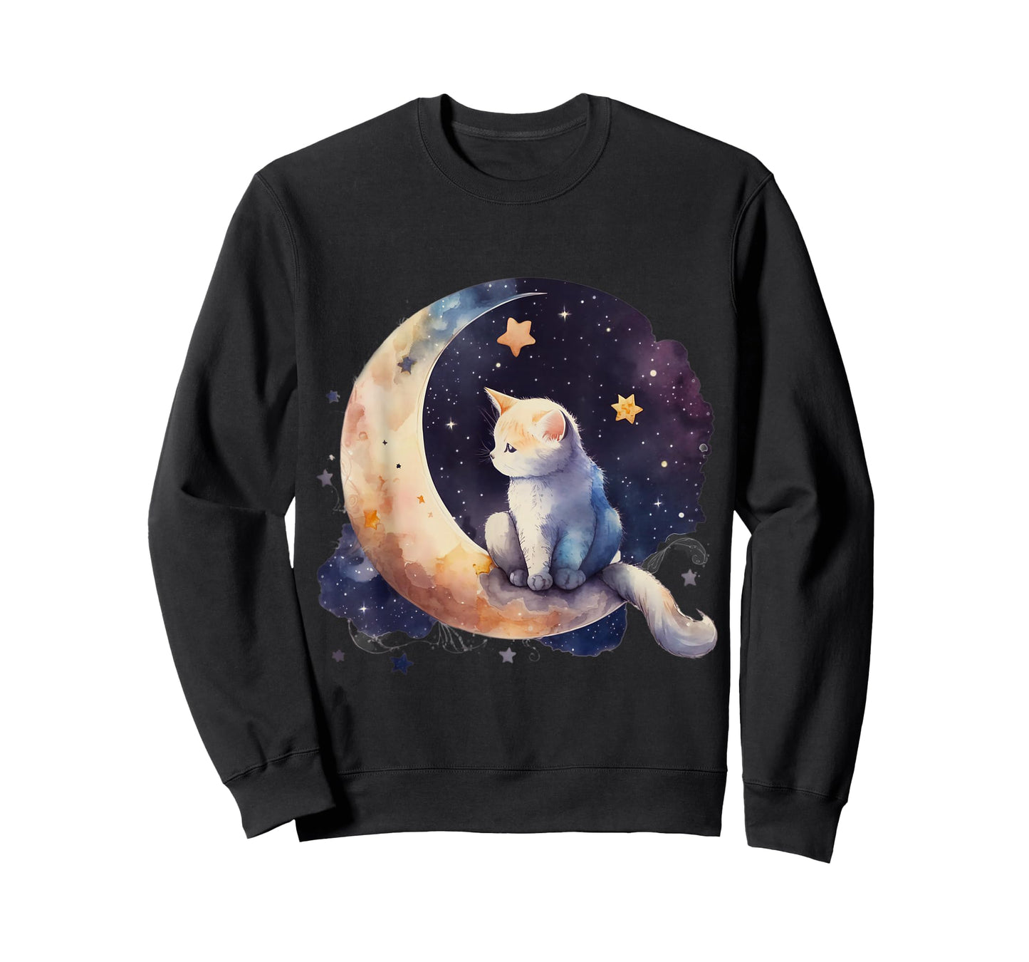 Cute Cat Crescent Moon Phases Purple Star Night Kawaii Cat T-Shirt