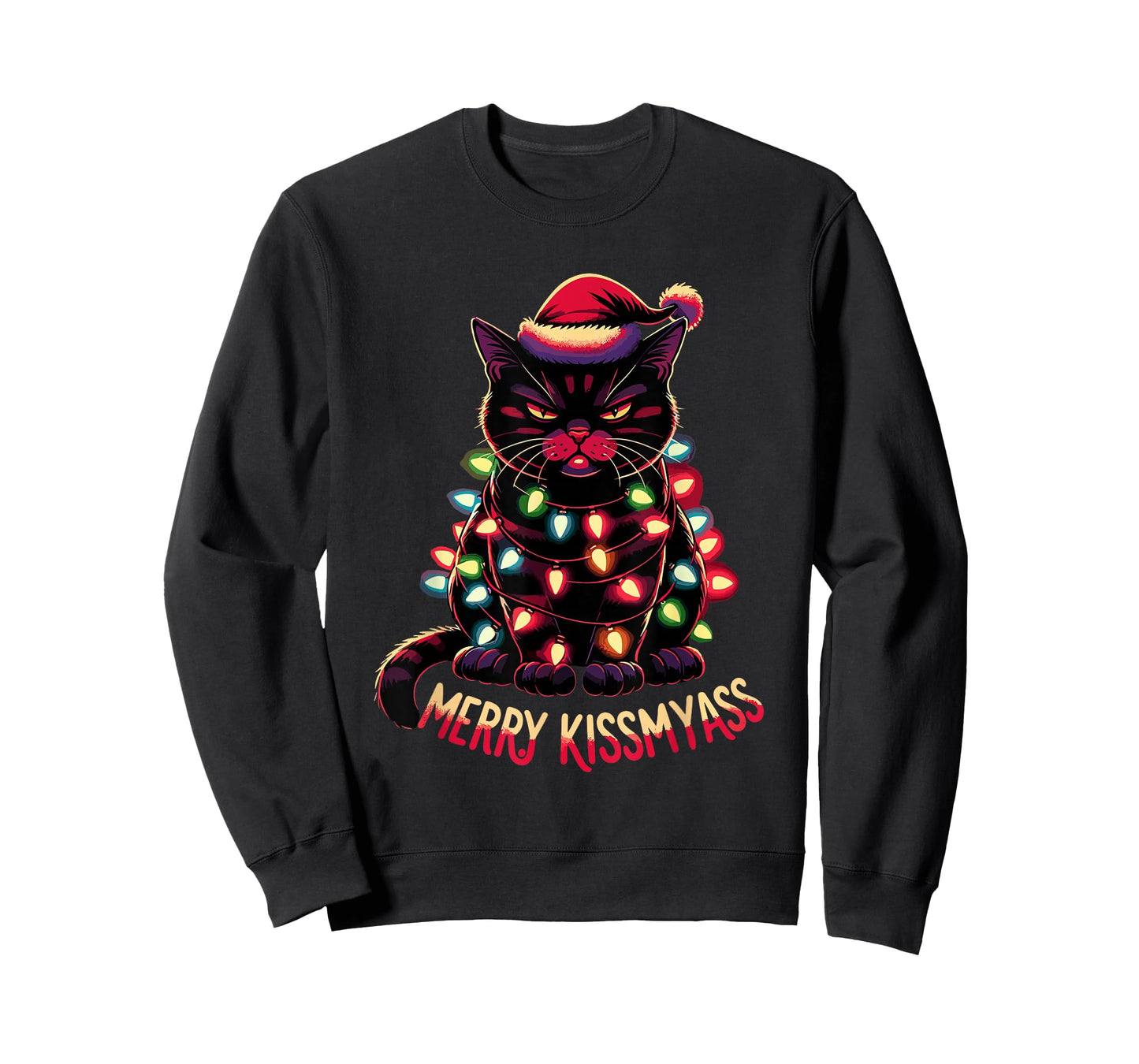 Merry Kissmyass Funny Black Cat Christmas Lights Santa Hat T-Shirt