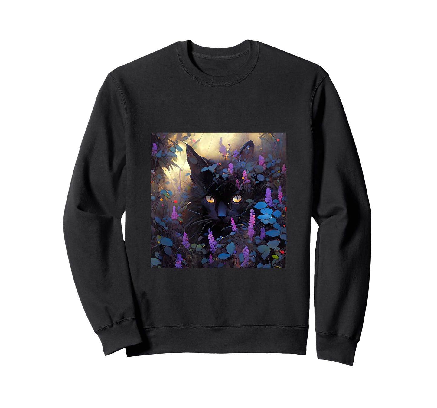 Black Adorable Cat Purple Spring Flowers T-Shirt for Men Women