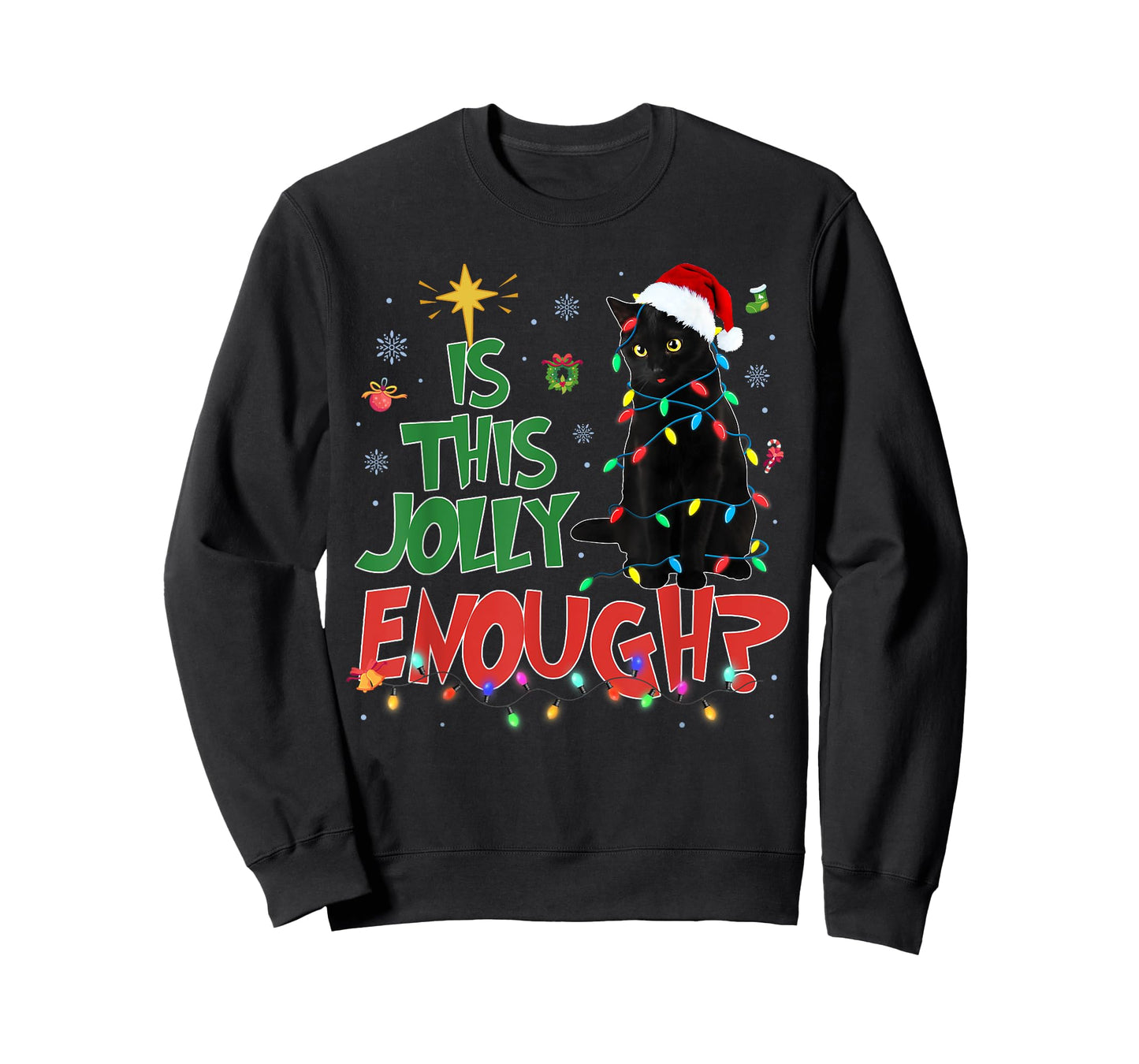 Is This Jolly Enough Black Cat Merry Christmas Tree Lights T-Shirt