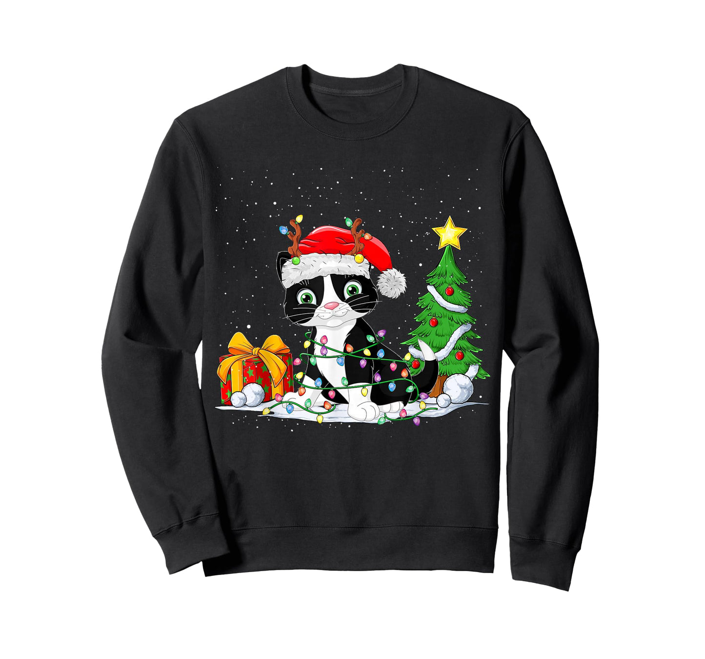 Cute Tuxedo Cat Santa Christmas Tree Lights Xmas Tuxedo Cat T-Shirt